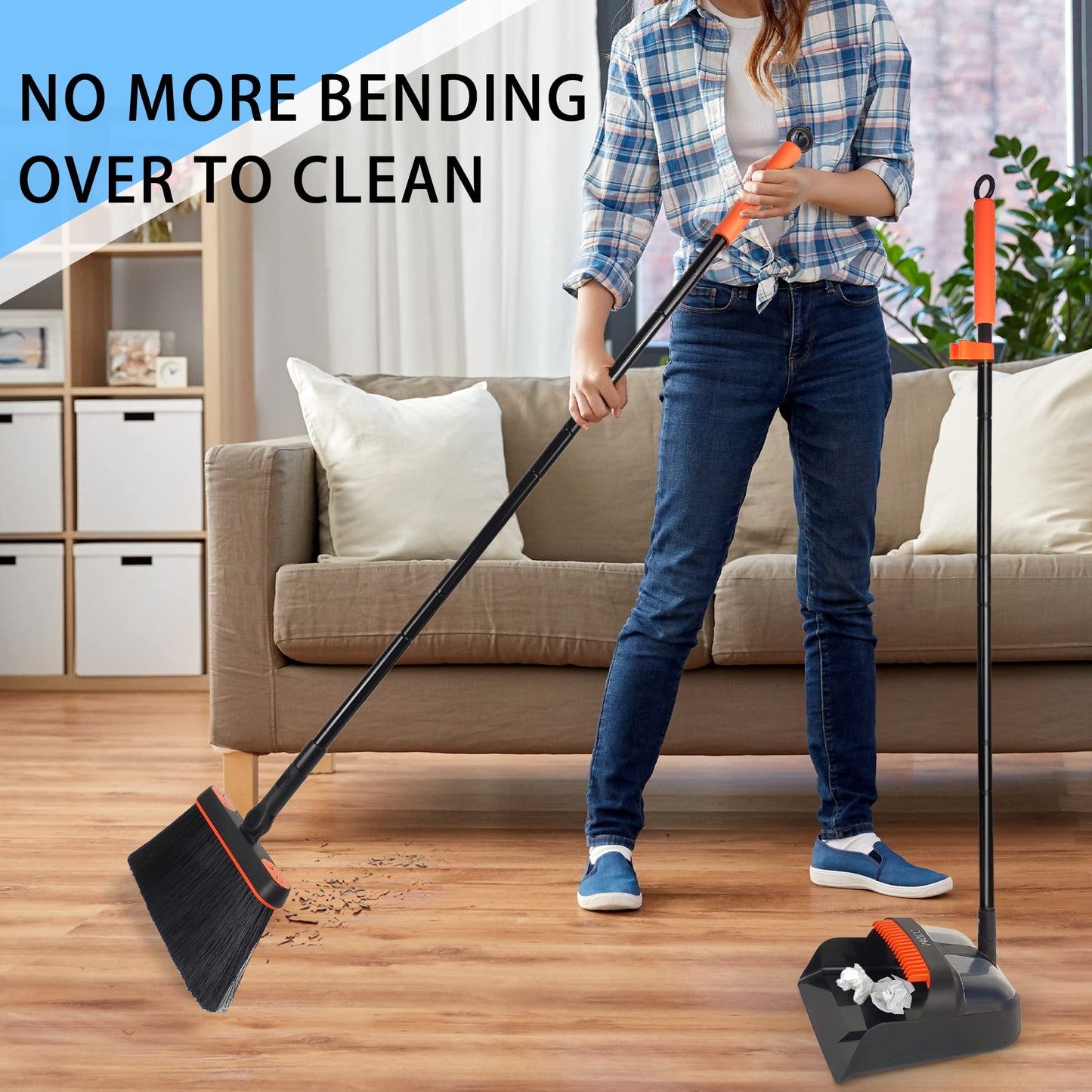 JEHONN Broom and Dustpan Set with Long Handle, 180° Rotatable Sweeper and Dustpan Combo for Home, Office, Lobby Cleaning