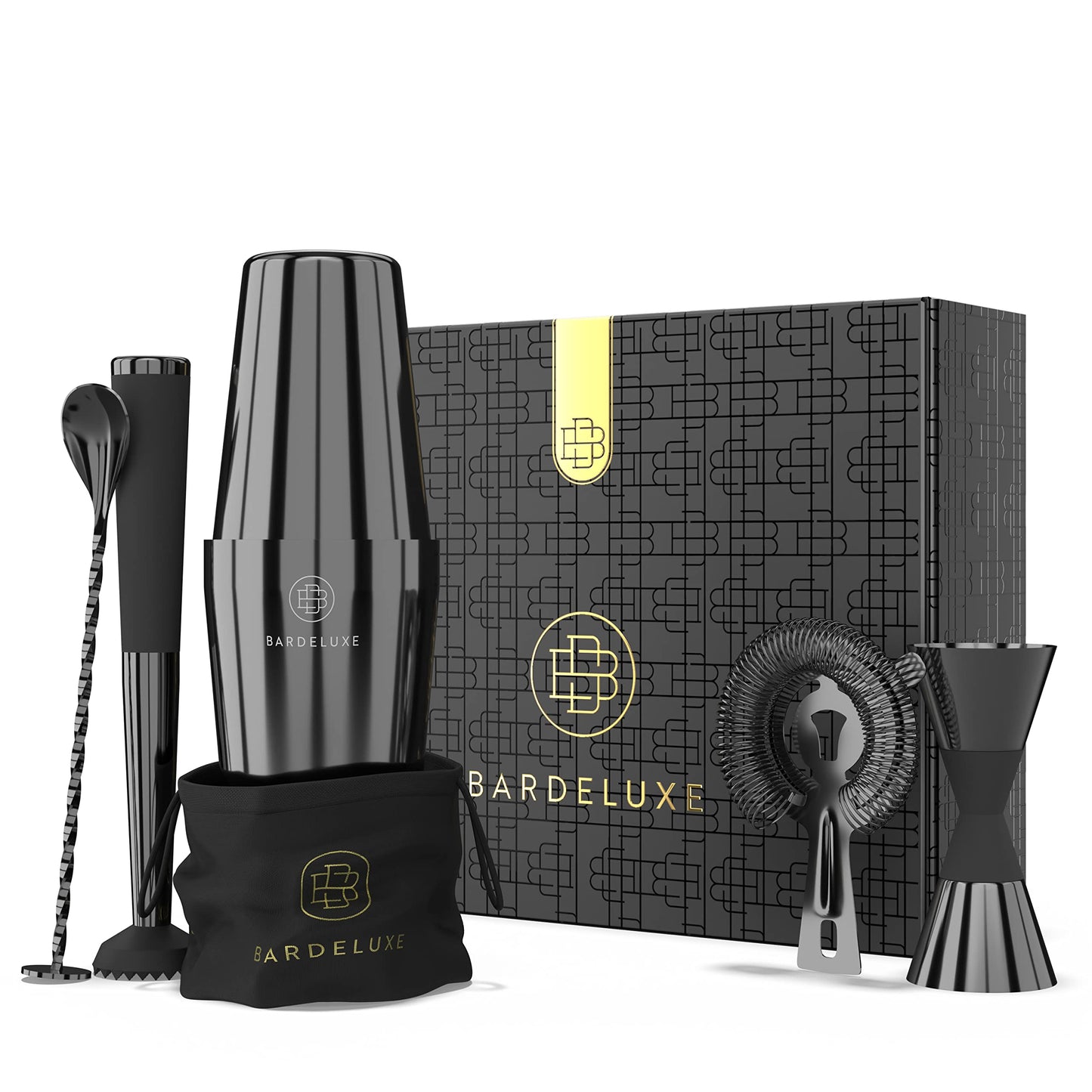 BarDeluxe® Boston Shaker Set 5-piece, Bartender Set, Cocktail Mix Set - 750ml Boston Cocktail Shaker, Stainless Steel Cocktail Set, Cocktail Accessories - Luxury Gift Set, Bag & Recipe Book (Black)