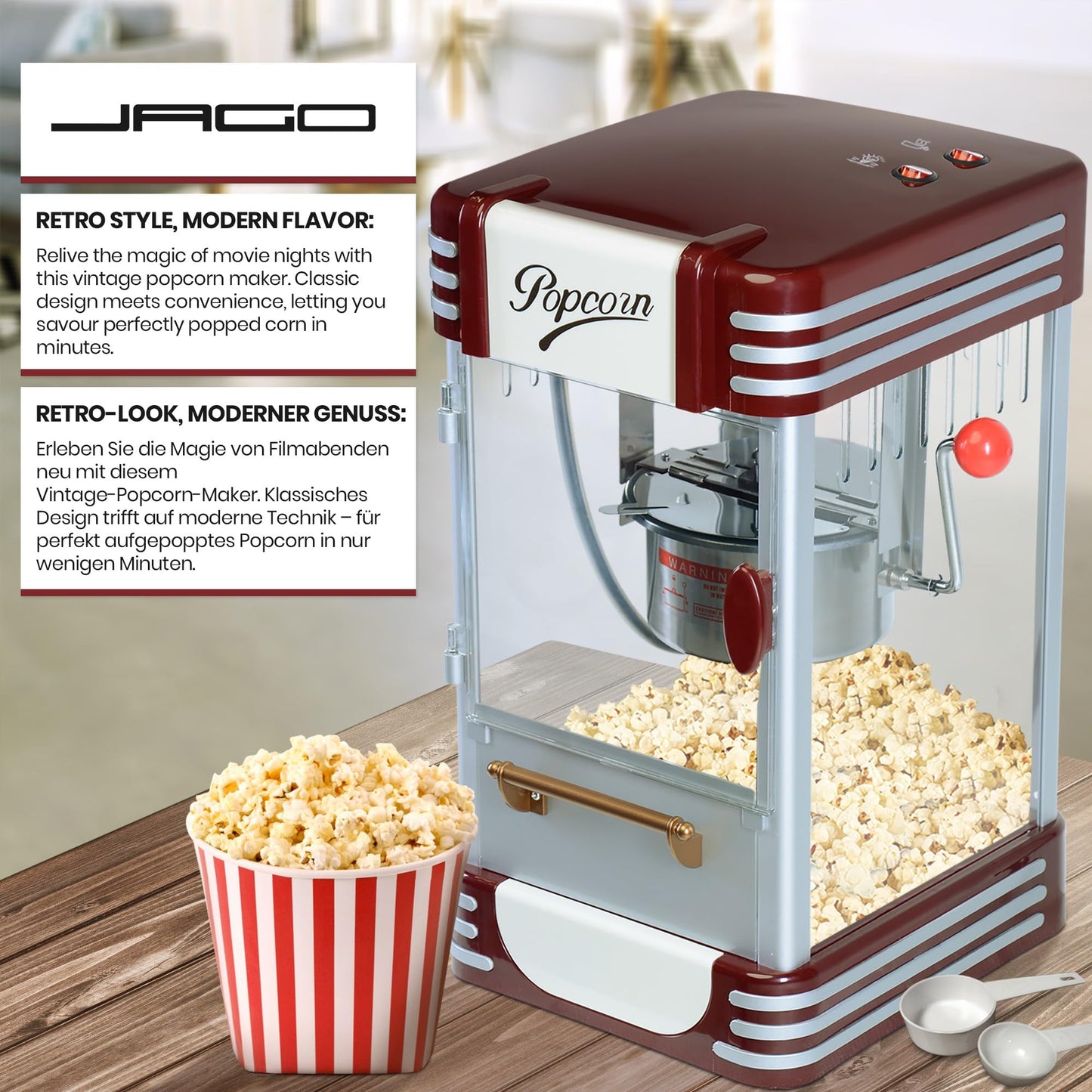 Jago® Popcorn Machine Retro - 60L/h, 200g/10min, Stainless Steel Pot, for salty popcorn - 50s style, Pro Popcorn Maker, Preparer, Machine