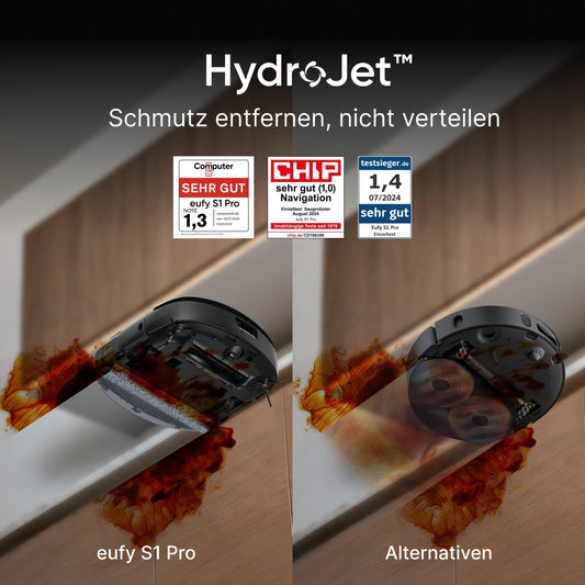 eufy S1 Pro HydroJet robot vacuum with mopping function, HydroJet cleaning system, Eco-Clean ozone, auto mop roller cleaning, 8000Pa, 10-in-1 station, obstacle detection, auto cleaner dosing.