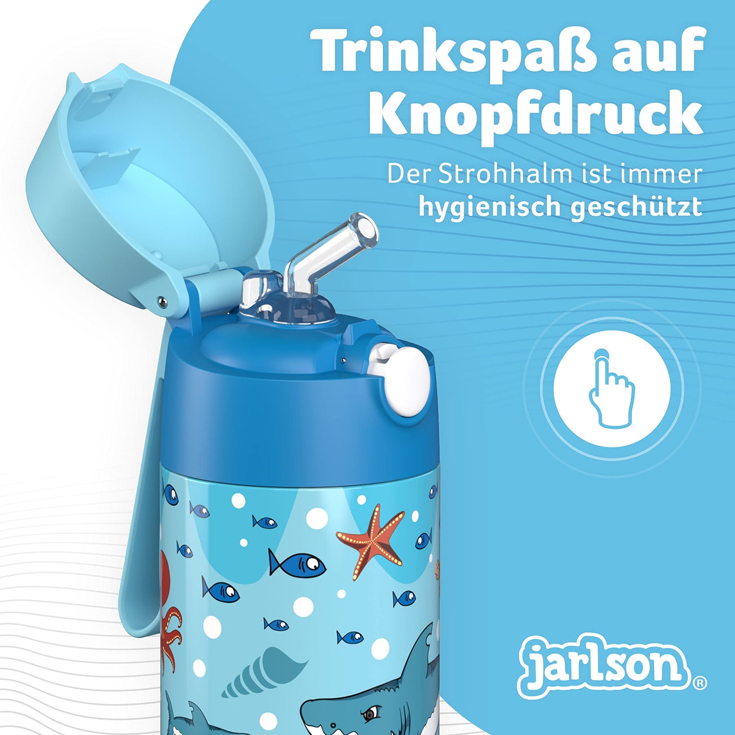 Jarlson® Stainless Steel Kids Water Bottle CHARLI with Straw - 350ml Thermos Flask - TÜV tested - BPA free - leak-proof - Insulated Water Bottle for School, Kindergarten (Sharks)