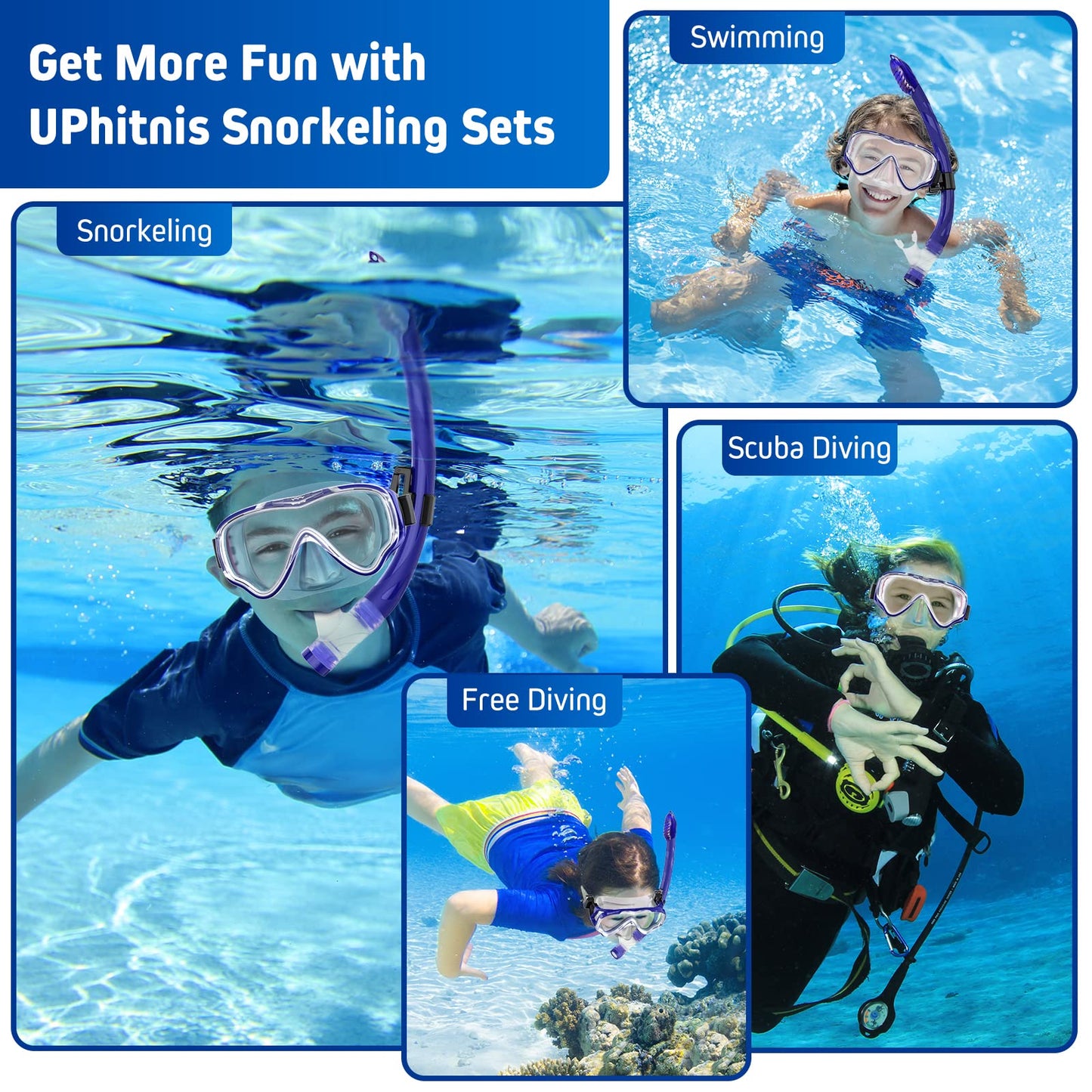 UPhitnis snorkel set for kids with fins, anti-fog 180° panoramic dive mask, adjustable flippers, and premium dry snorkel - 3 in 1 set with carrying bag
