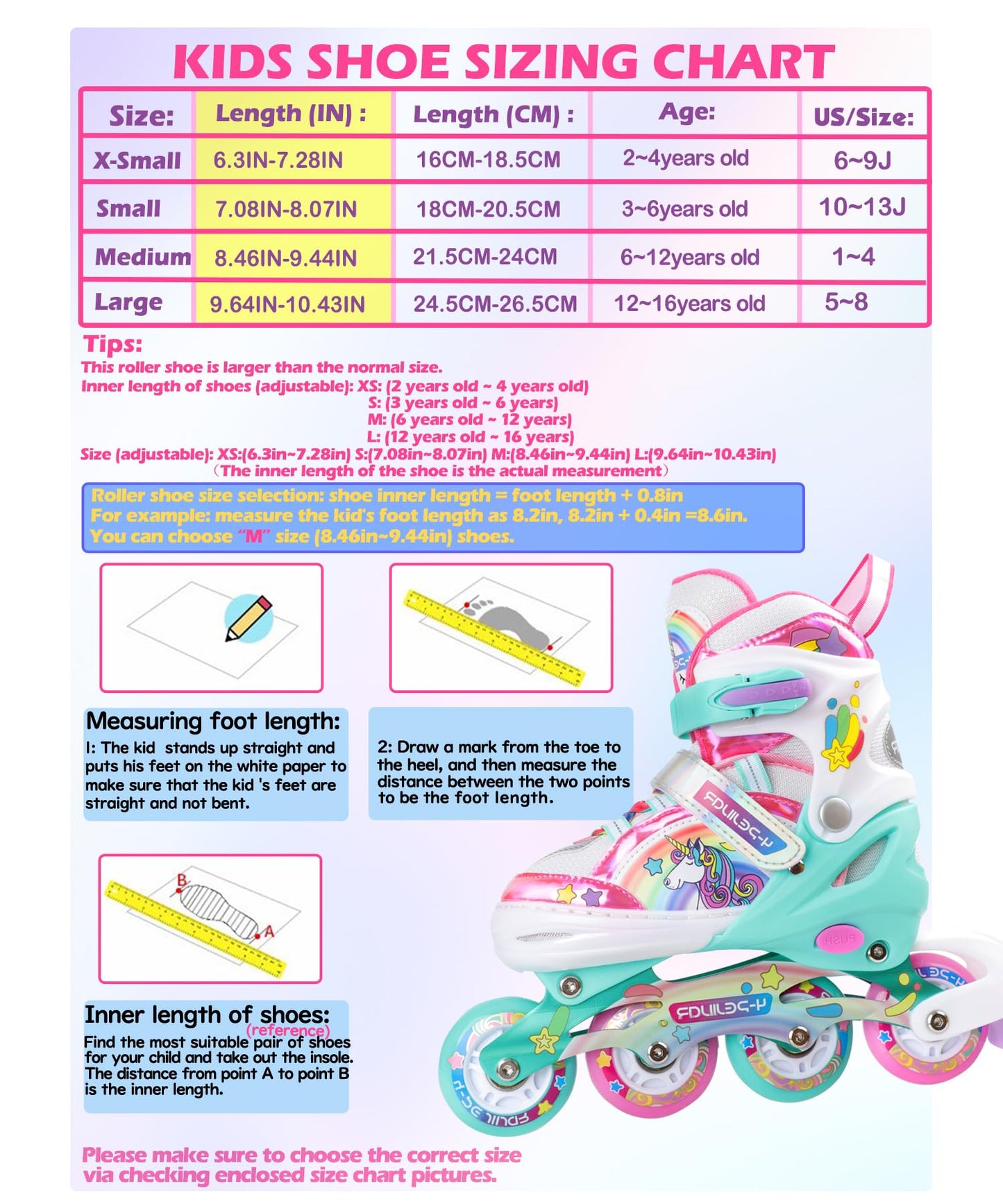 Unicorn inline skates for girls, adjustable sizes with all glowing wheels. Rainbow inline skates for beginner teenagers. Perfect for Christmas and birthday gifts.