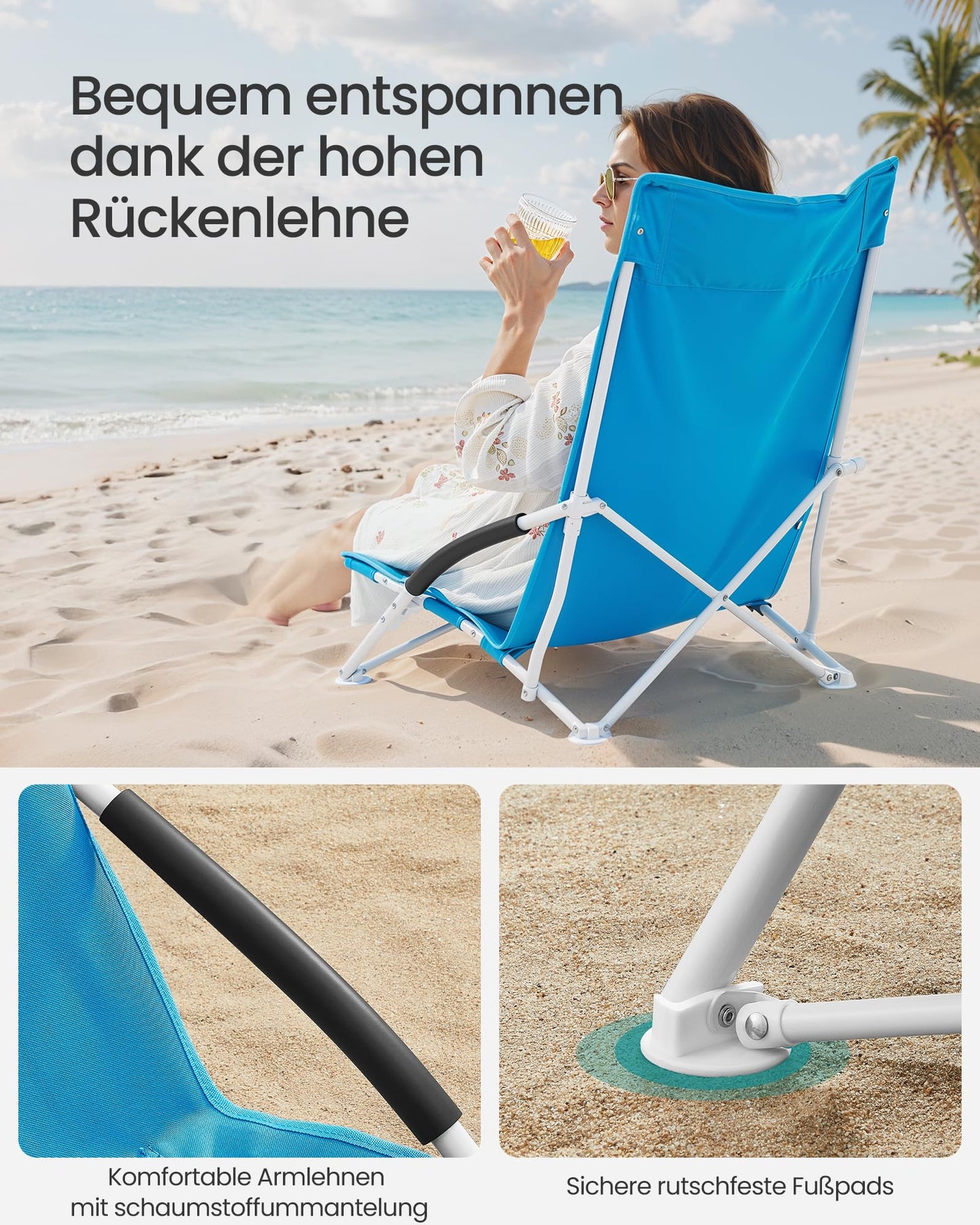 SONGMICS Beach chair, portable folding chair with high backrest, collapsible camping chair, lightweight, high load capacity, outdoor chair with carrying bag, light blue GCB61BU