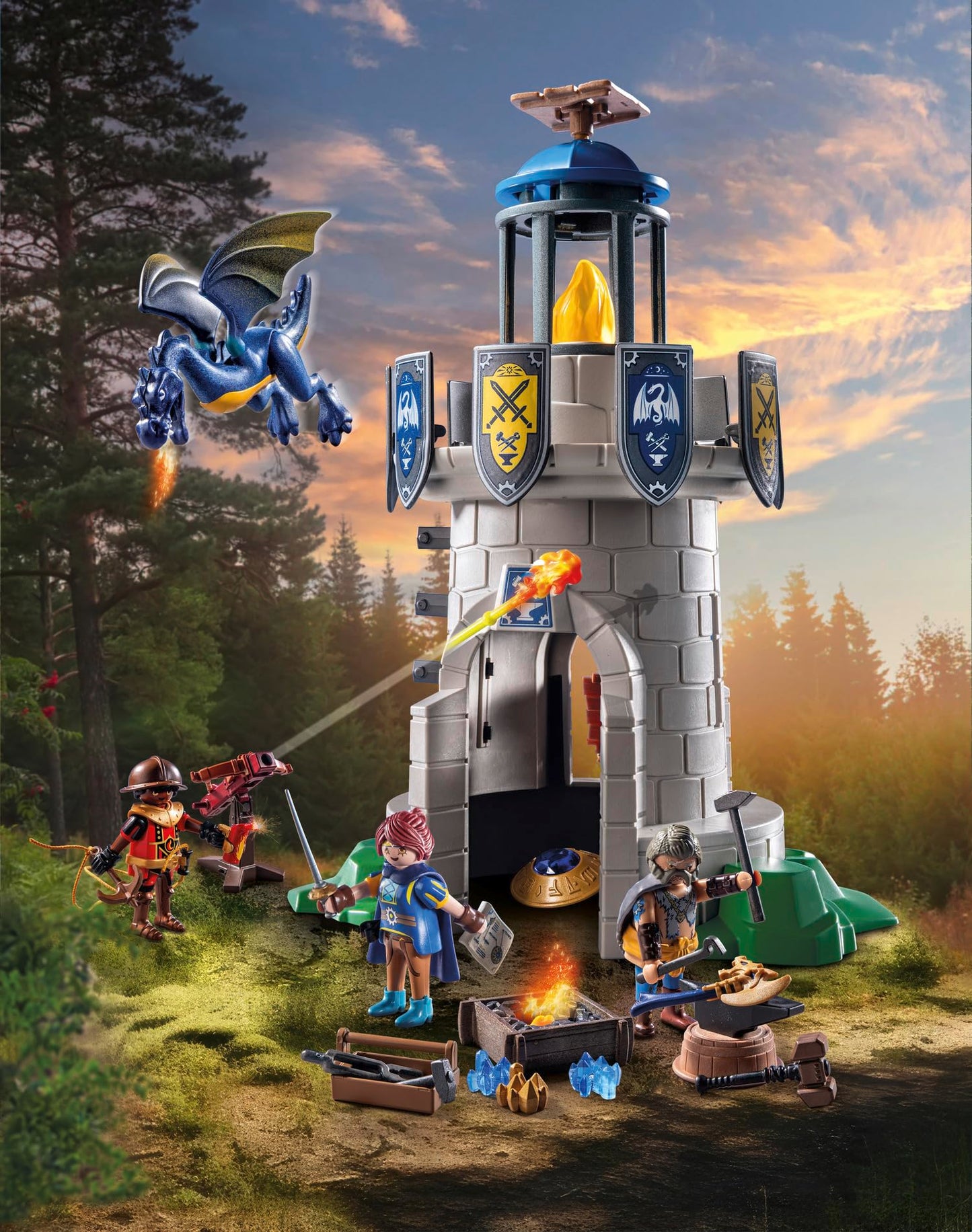 PLAYMOBIL Novelmore 71483 Knight's Tower with Blacksmith and Dragon, exciting battle between the Novelmore Knights and Burnham Raiders, detailed toy for kids aged 4 and up.