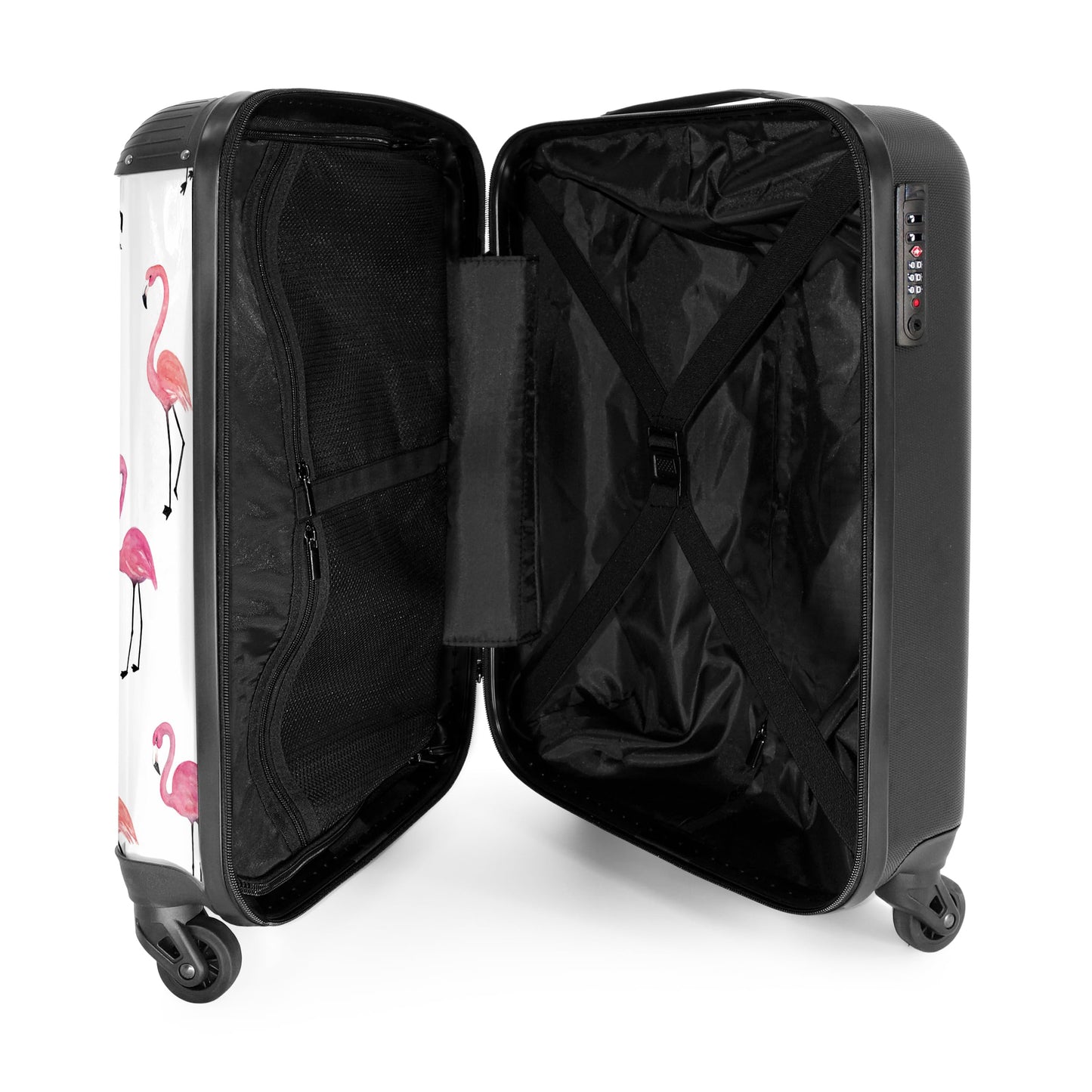 NoBoringSuitcases.com® Kids' suitcase for girls with wheels, hand luggage, suitcase with animal motif - flamingo pattern - pink - children's suitcase trolley, 55x40x20.