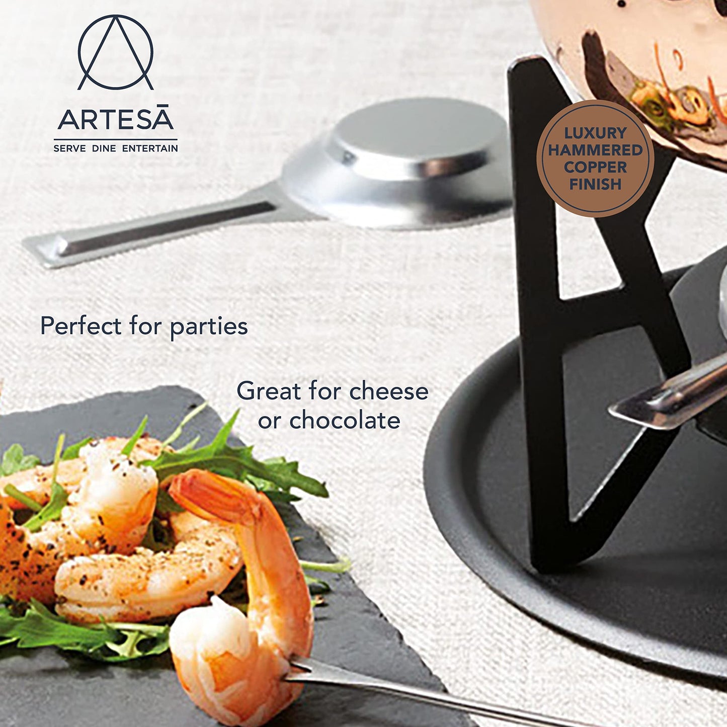 Artesà Fondue Set with 6 forks and stainless steel pot, ceramic bowl, metal stand and burner, for chocolate, cheese, or meat.