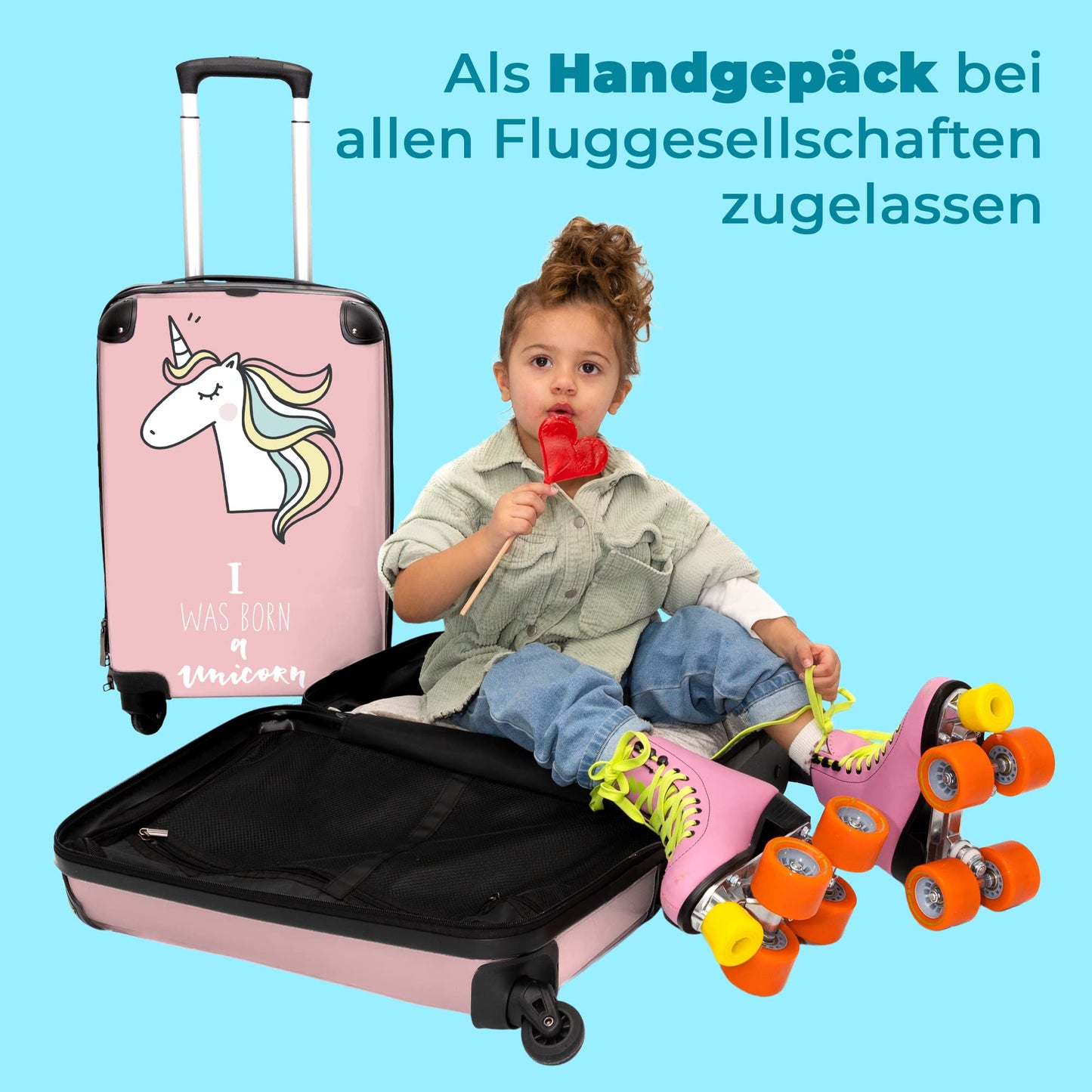 NoBoringSuitcases.com® Carry-On Suitcase for Kids - Girls' Suitcase, Travel Suitcase for Kids, Lightweight, 4 Wheels, with Unicorn Design, Combination Lock, UV-Resistant, 55cm-35cm-20cm