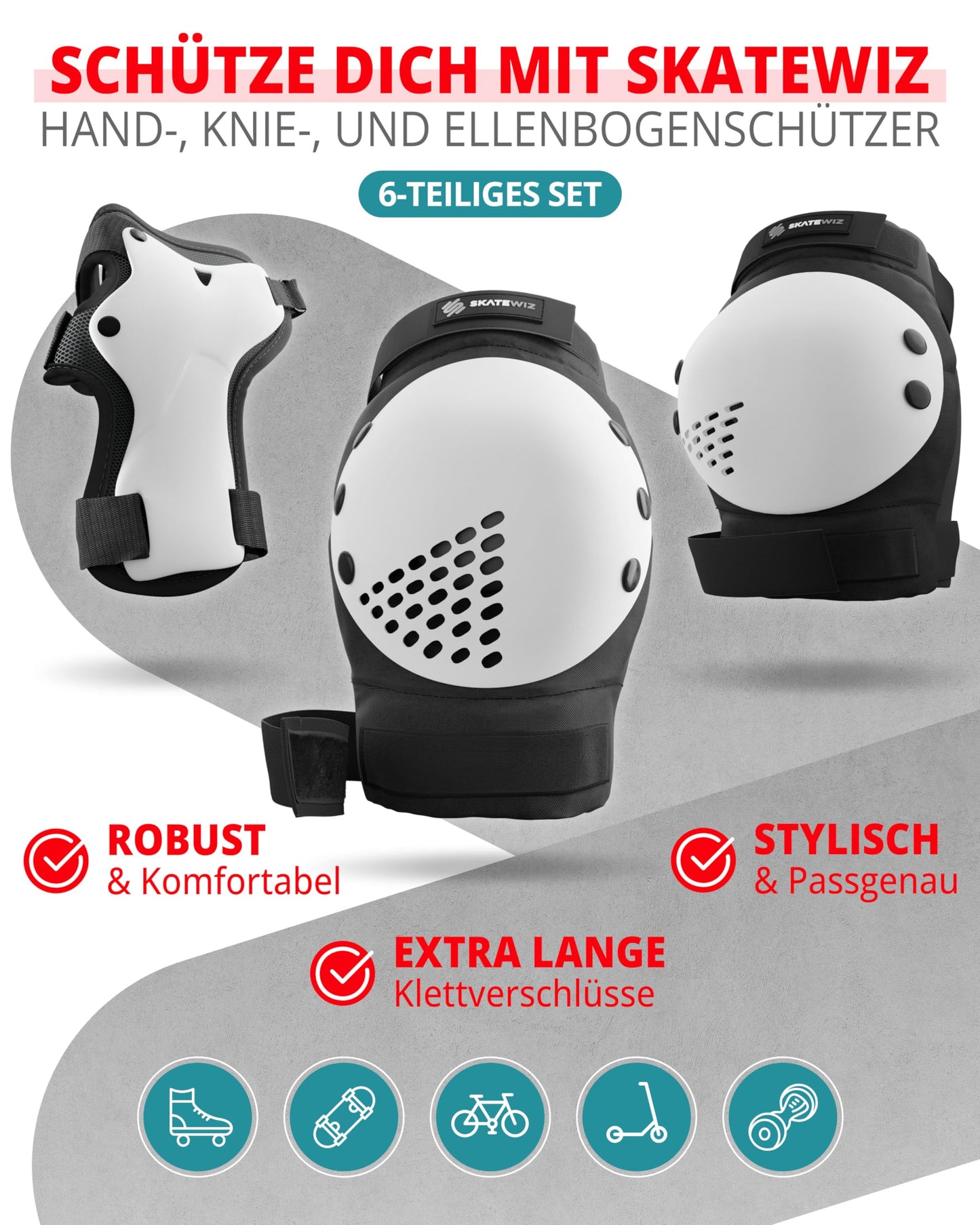 SKATEWIZ Kids Protectors - Kids Knee Pads - Inline Skating Knee Guards - Inline Skating Guards - Knee and Elbow Guards - SMASH Size S Black White
