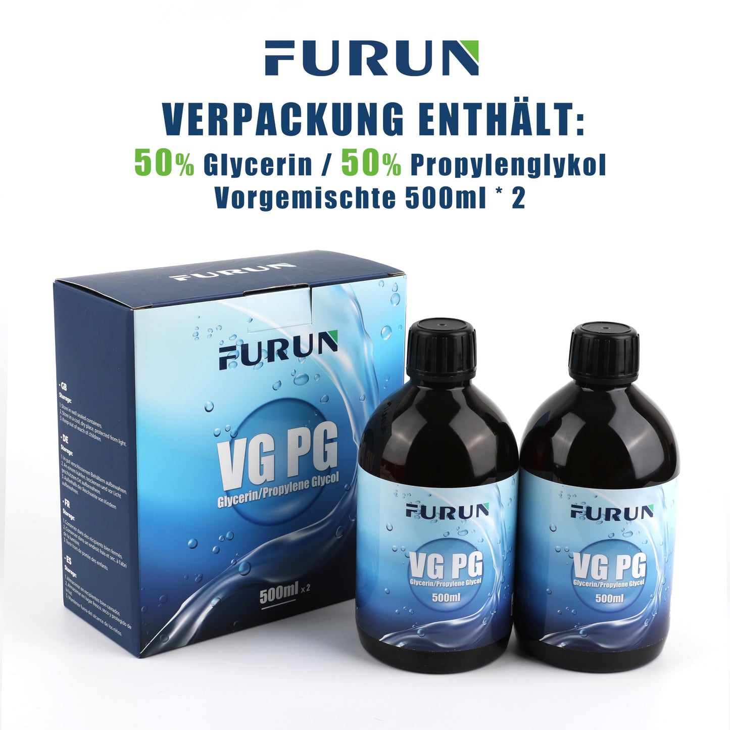 2 x 500ml 50% VG Glycerin / 50% PG Propylene Glycol, pharmaceutical grade, high purity 50% VG Glycerin liquid E422 / 50% PG Propylene Glycol liquid E1520- Pure, Vegan, 0% additives