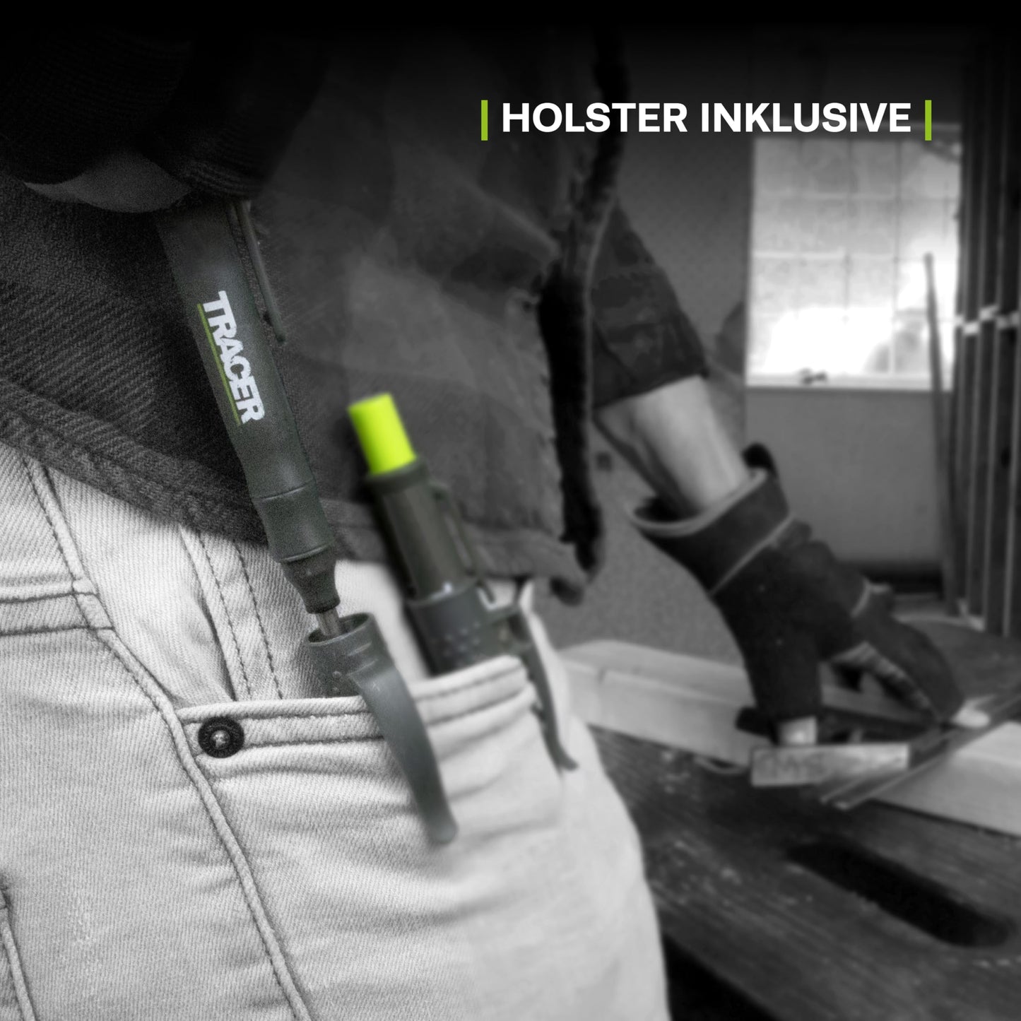 Tracer Marking Kit - Deep Hole Carpenter Pencil, Replacement Leads x 6, and 2 non-clogging markers with holster.