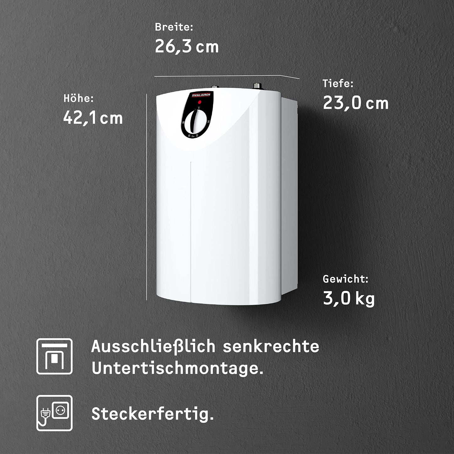 STIEBEL ELTRON pressurized mini storage water heater SNU 5 SL, 5l, undersink unit, anti-drip and thermostop function, with 230V plug, 2 kW, 221115