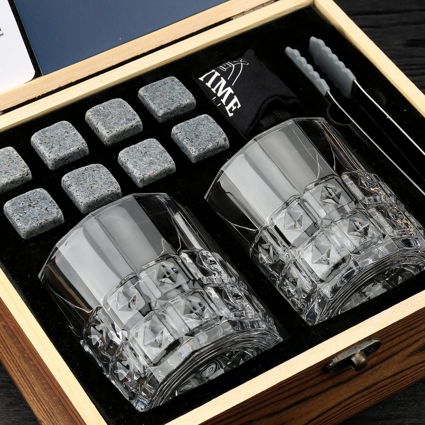 Whiskey Stones Whiskey Glasses, 2 glasses, 8 granite whiskey ice cubes, wooden gift box, gift for whiskey lovers/men/Christmas/birthday/Father's Day (310ml)