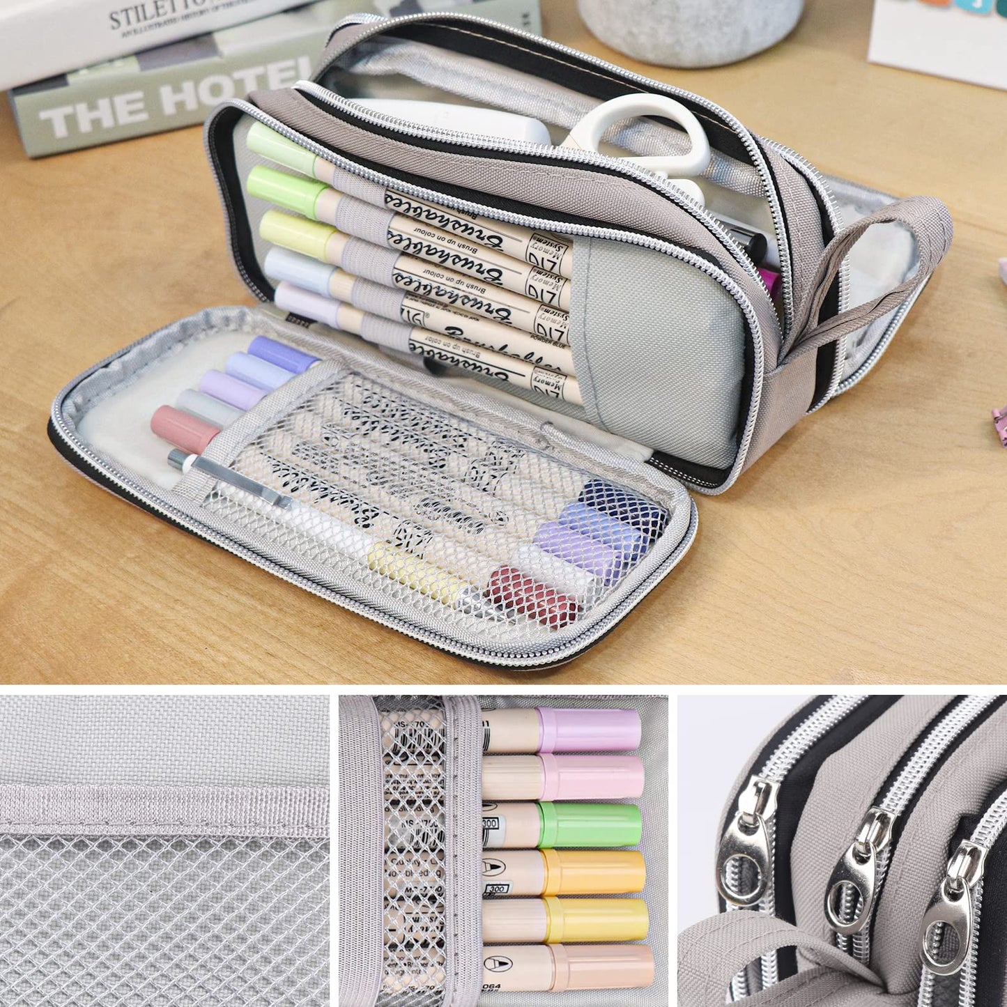 COLOCASTLE Pencil Case Large with 3 Compartments Pencil Pouch for Girls Boys Teenagers School Office (Gray)