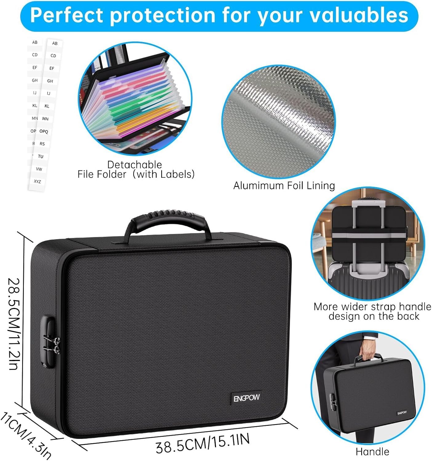 Fireproof document bag with 13 compartments 5200℉ A4 folder organizer storage box with lock Portable briefcase Home and office document storage for important documents Certificates