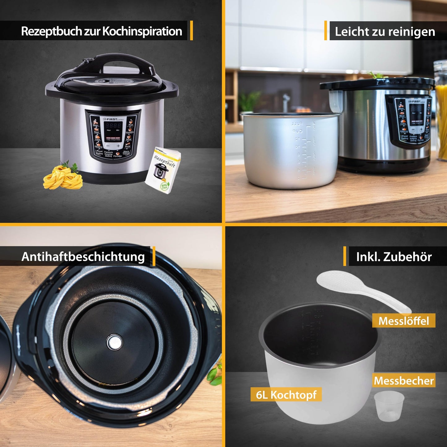 TZS First Austria - Electric Pressure Cooker 6L with 9 auto programs - Multicooker 1000W Multicooker as Rice Cooker, Steamer, Crock Pot etc. - Electric Multivarka Pressure Cooker including recipe book.
