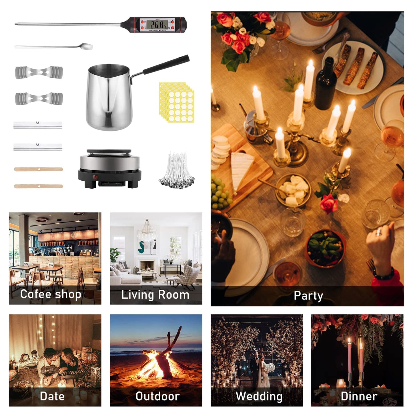 Candle Making Kit + Wax Melter Electric Heating Plate, DIY Candle Making Set, Scented Candle Gifts Set with Digital Thermometer, 100 * Candle Wicks, Centering Devices for Candles