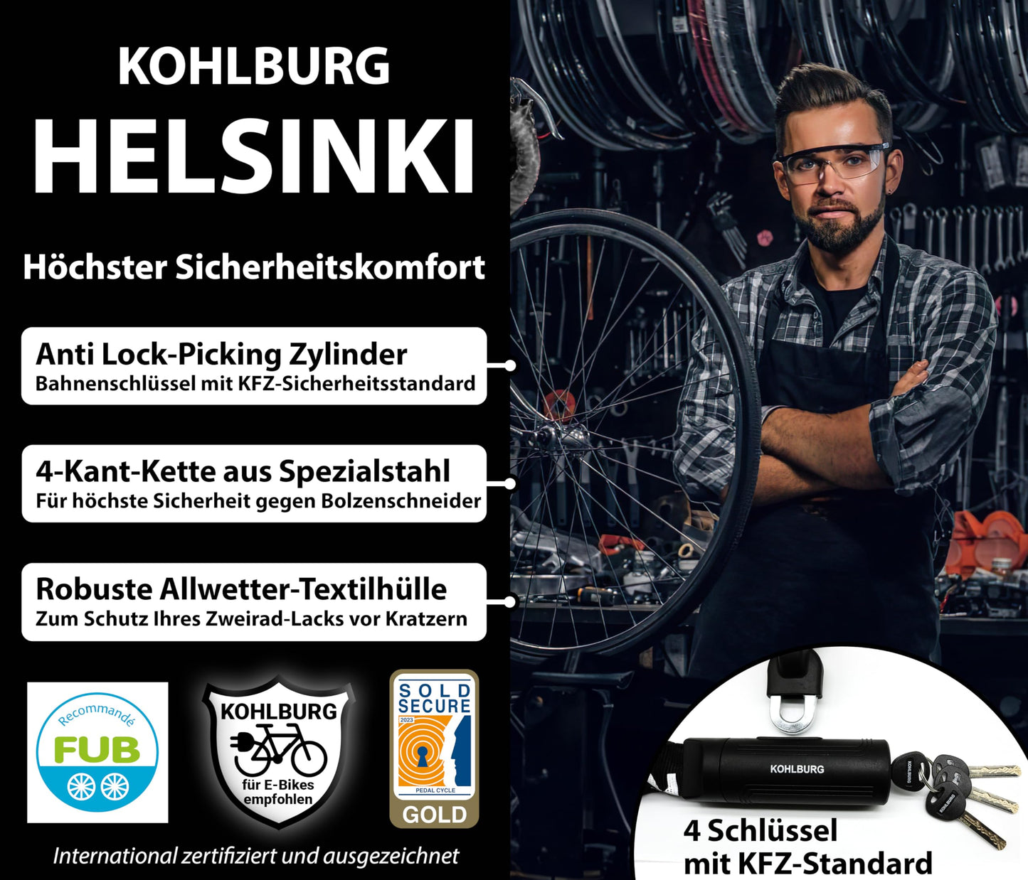 KOHLBURG Security Chain Lock - Lock 125cm long with 8.3mm thick 4-sided chain made of hardened special steel - secure bike lock with 4 keys for e-bikes, bicycles & motorcycles.