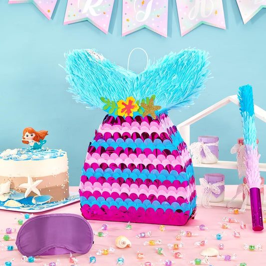 WERNNSAI Mermaid Pinata - Mermaid Birthday Pinata Decoration for Girls Kids Purple Sea Piñata with Blindfold Stick Underwater Birthday Party Decorations Fun Pool Party Games