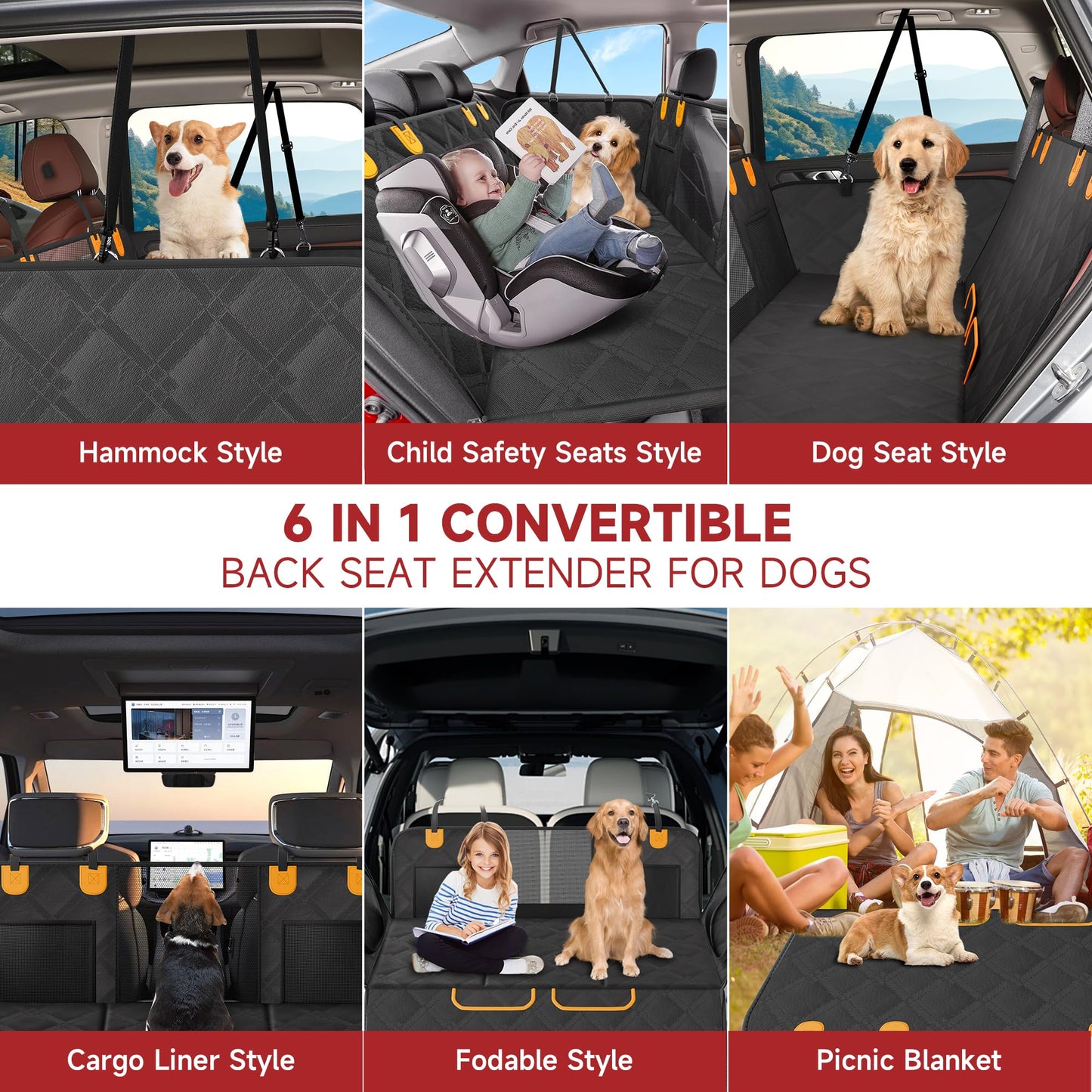Loiion dog blanket for car back seat with hard bottom, rear seat extender for dogs, car hammock for dogs, anti-slip waterproof dog car mat for most car SUV truck, black.