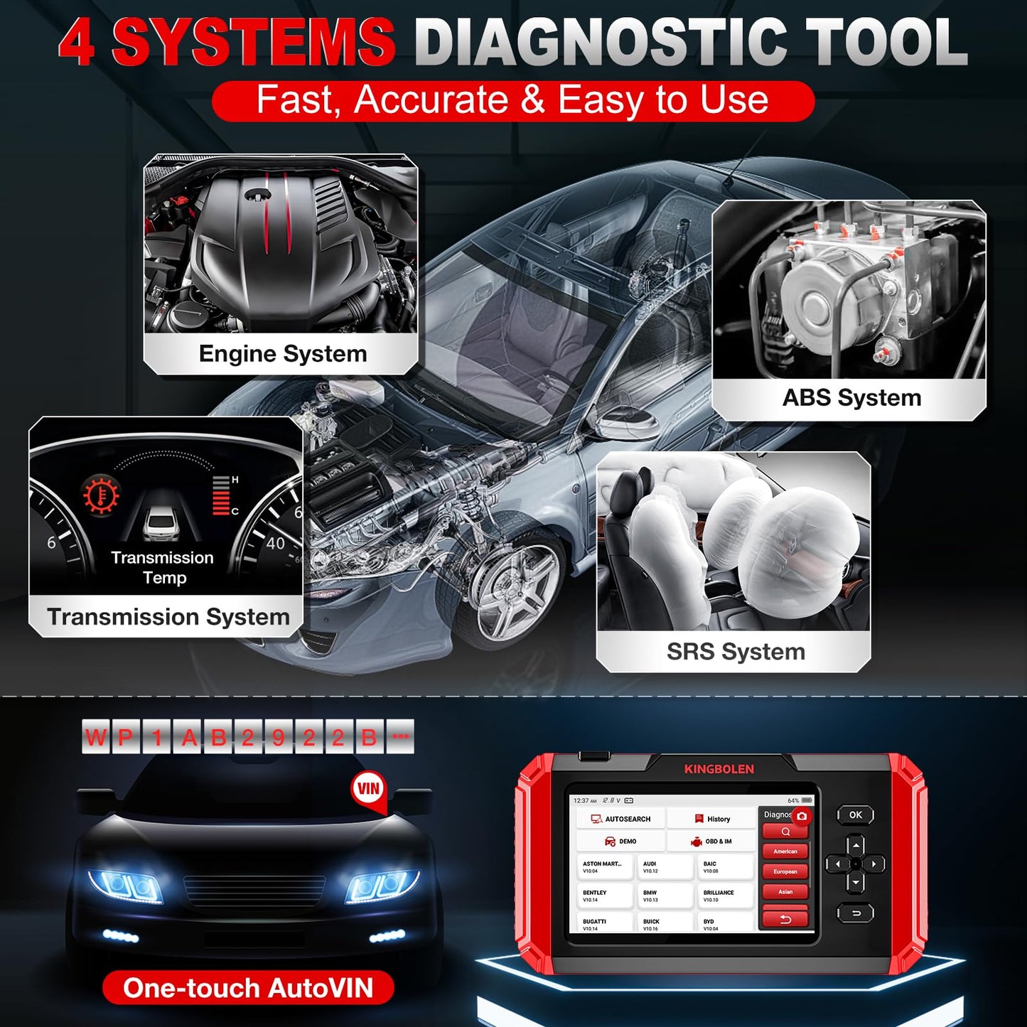 KINGBOLEN S500 OBD2 diagnostic tool, Automotive error code reader for Engine/Transmission/ABS/SRS, Auto diagnostic tool with Oil, SAS, Brake, ETS reset, Auto VIN, Lifetime Free Upgrade.