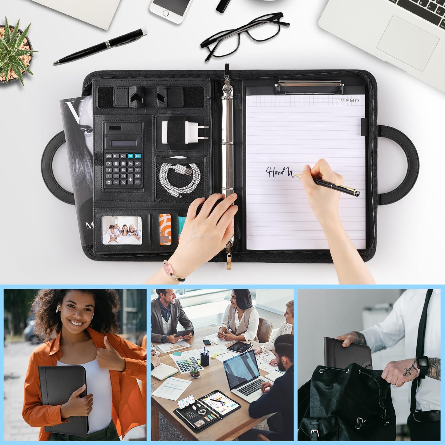 A4 writing case, A4 conference folder with phone holder, leather document folder with zipper, waterproof file folder with ring binder clipboard notepad, portfolio folder for business meeting, black.