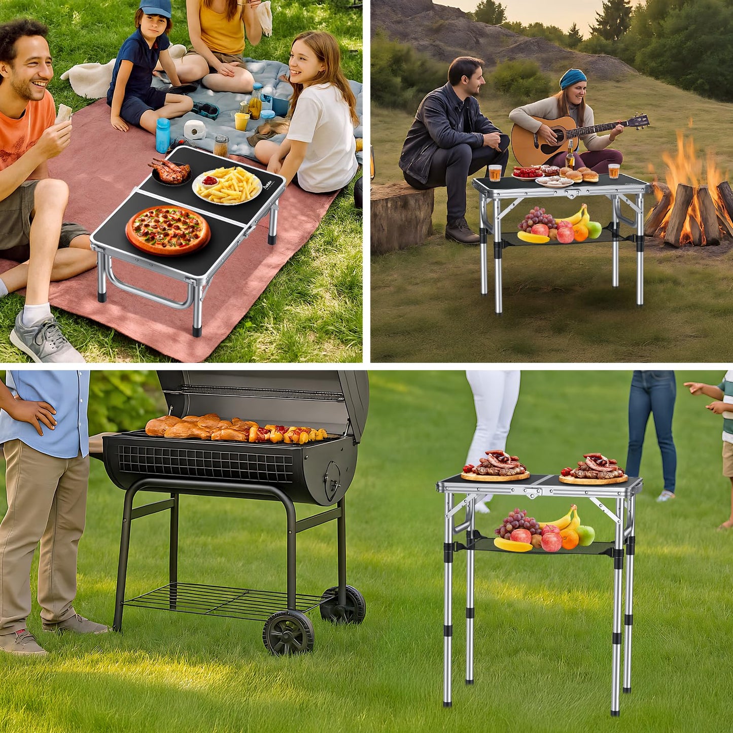 Offer camping table folding table 60x40cm aluminum frame with 3 adjustable heights 26/48/70cm picnic table with storage net portable multifunction table for camping beach balcony (black)