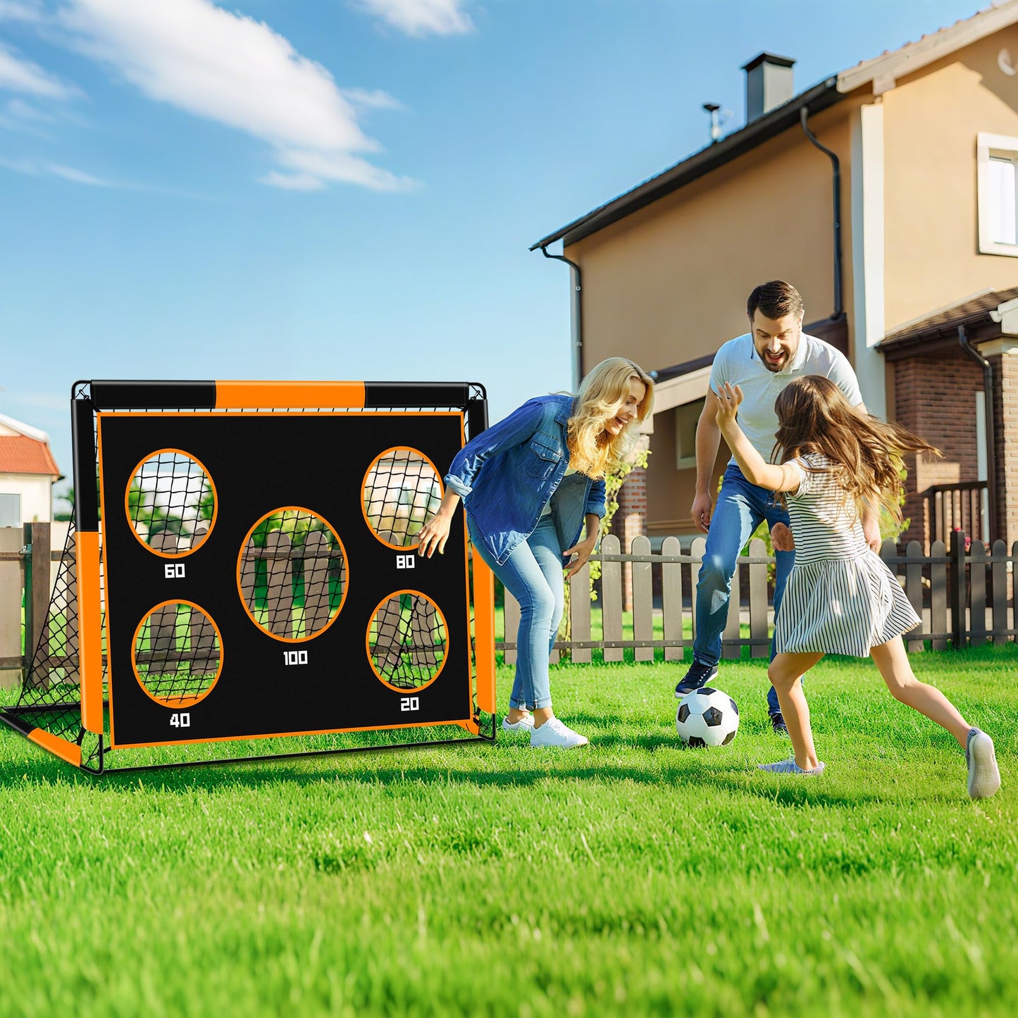 Gofady 2-in-1 Soccer Goal for Kids - Portable & Durable Soccer Goal with 5 Target Areas, Foldable Design, Carrying Bag, Garden, Park, Beach (Orange, 150 * 120 * 120cm)