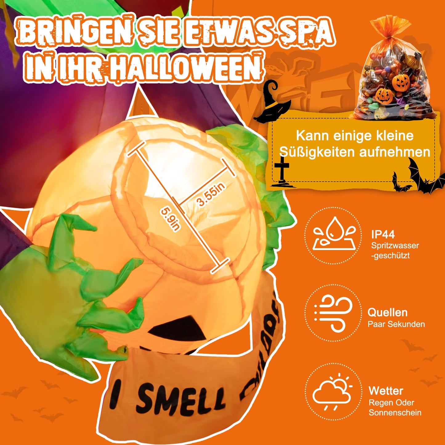 4.5 Ft Halloween inflatable witch, Halloween outdoor window decoration, ghost witches with pumpkin candy jar, built-in LED lights, Halloween inflatable Halloween decoration Garden, outdoor, party.