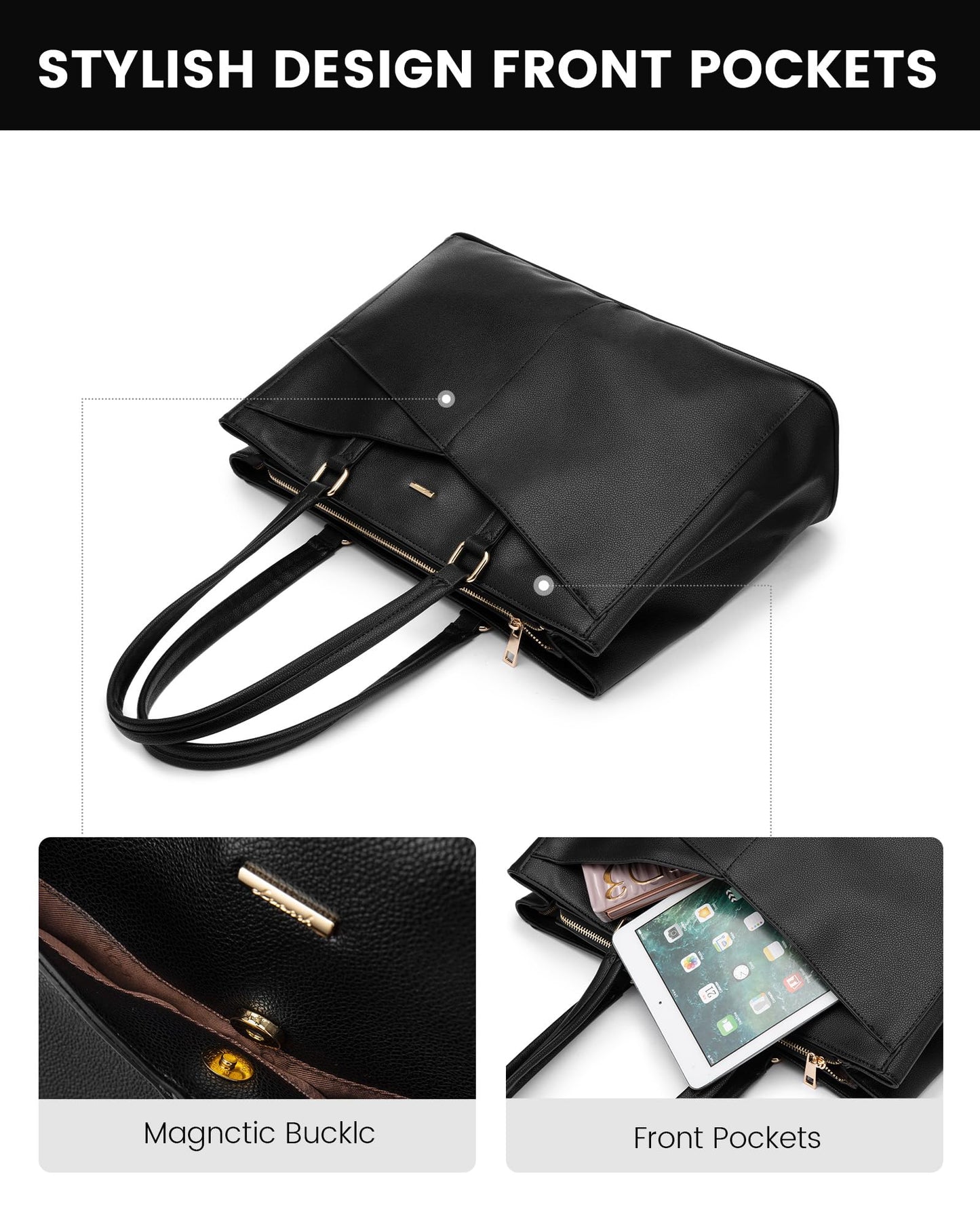 LOVEVOOK laptop bag for women 15.6 inch, handbag for women work bag teacher tote large, waterproof shopper bag shoulder bags briefcase messenger bag tote bag for business school, black