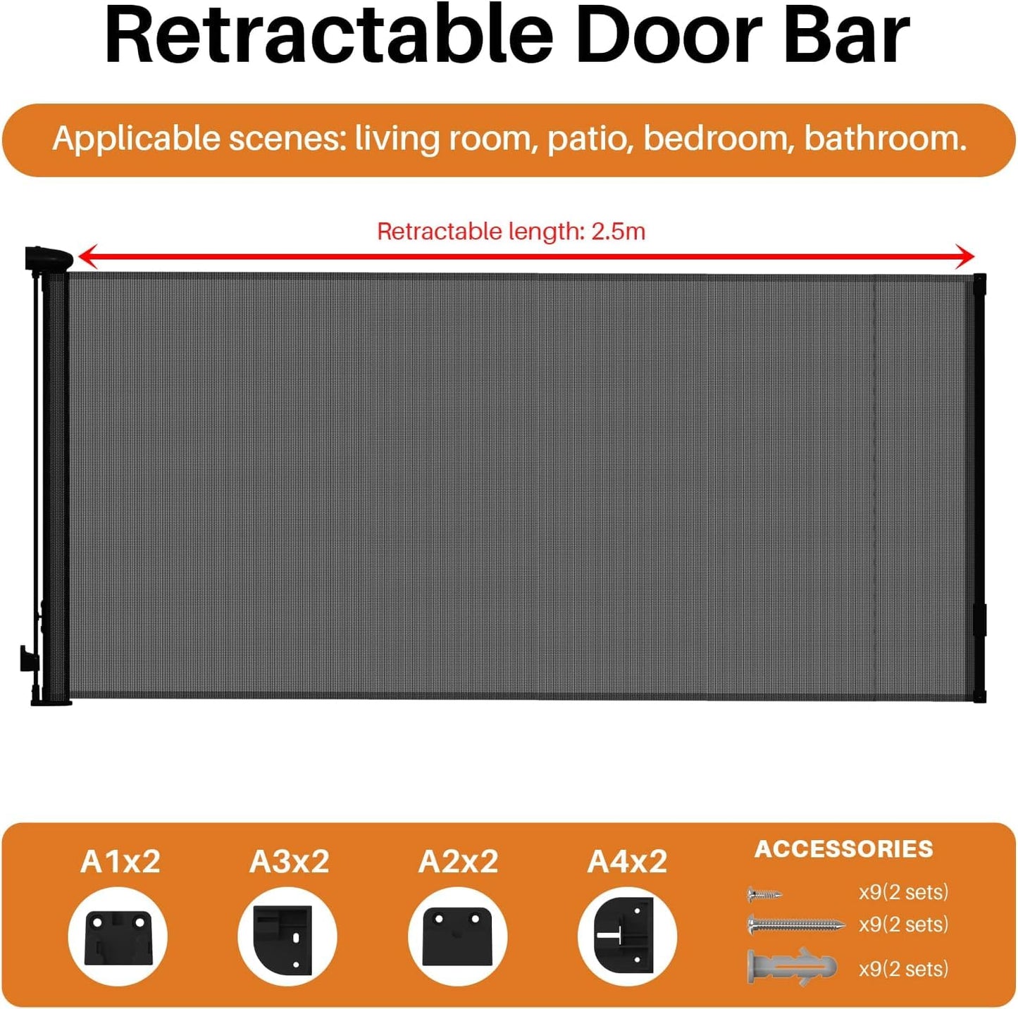 Stair gate door gate retractable roll 0-250 cm, AISIR baby gate dog barrier, with 2 sets of installation tools for 2 stair gates/door gates/hallways - Black