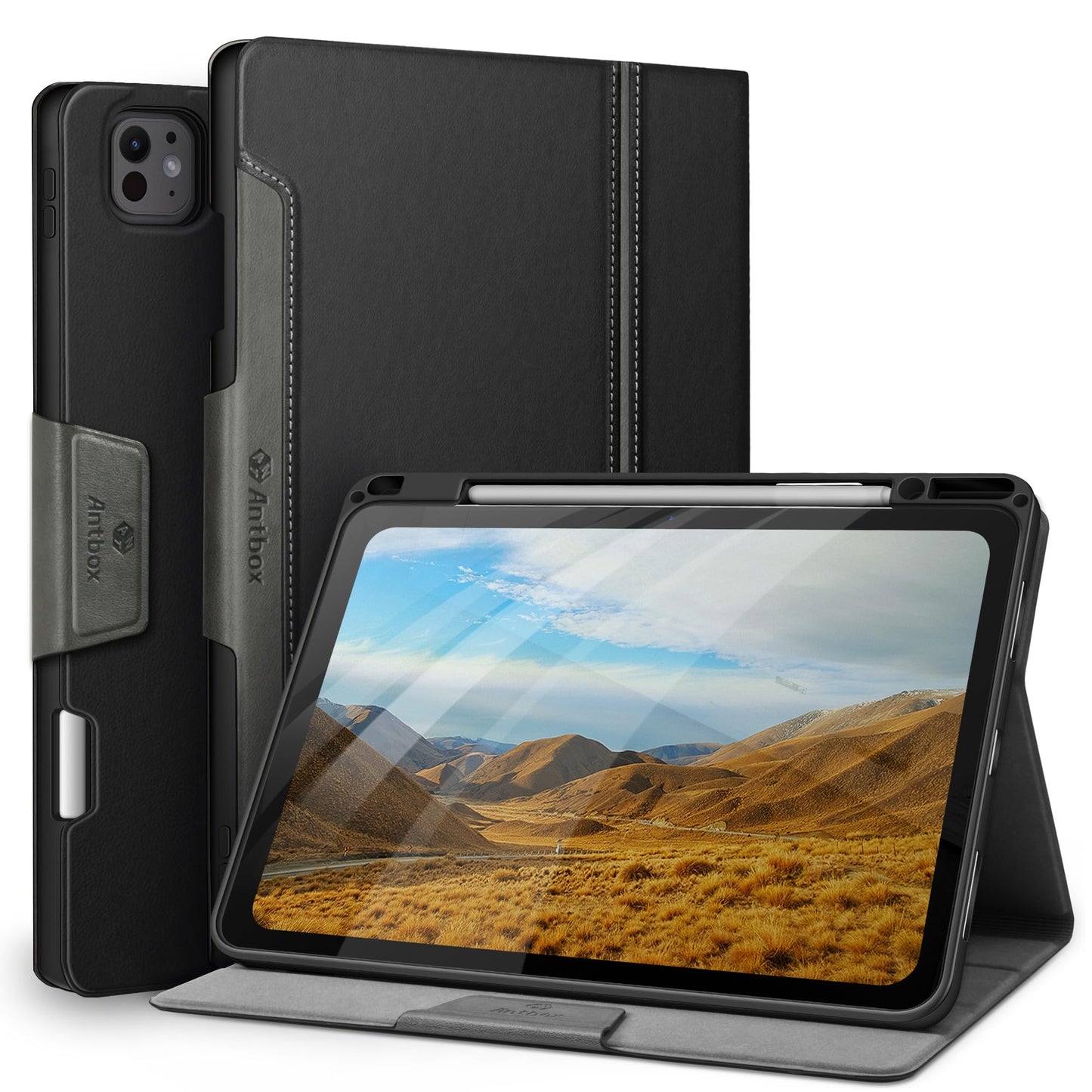 Antbox case for iPad Pro 13 inch case M4 2024 with pen holder Pencil holder Auto sleep/wake function PU leather case protective cover (black)