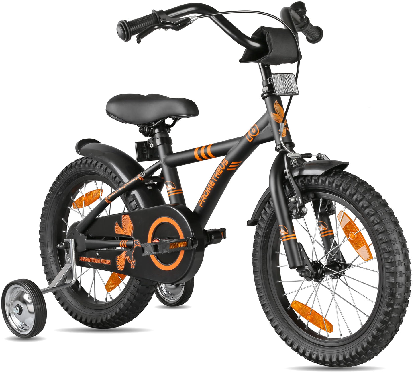 PROMETHEUS BICYCLES kids bicycle 16 inch for ages 5 and up - kids bike girls boys bike children with training wheels coaster brake in matt black orange