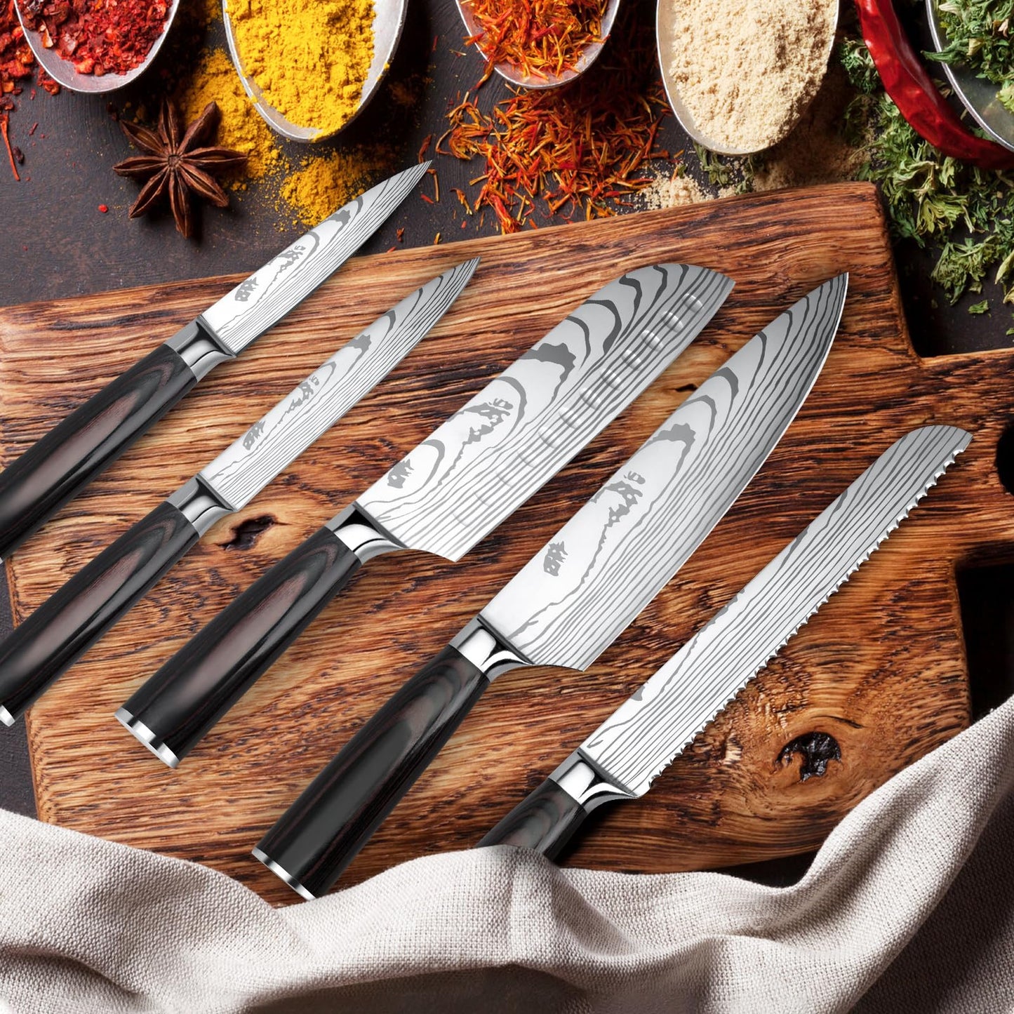Gustrug Knife Set 5-piece kitchen knife set made of high-quality stainless steel, ergonomic handle, professional knife set with chef's knife, bread knife, Santoku knife, utility knife, vegetable knife - gift box