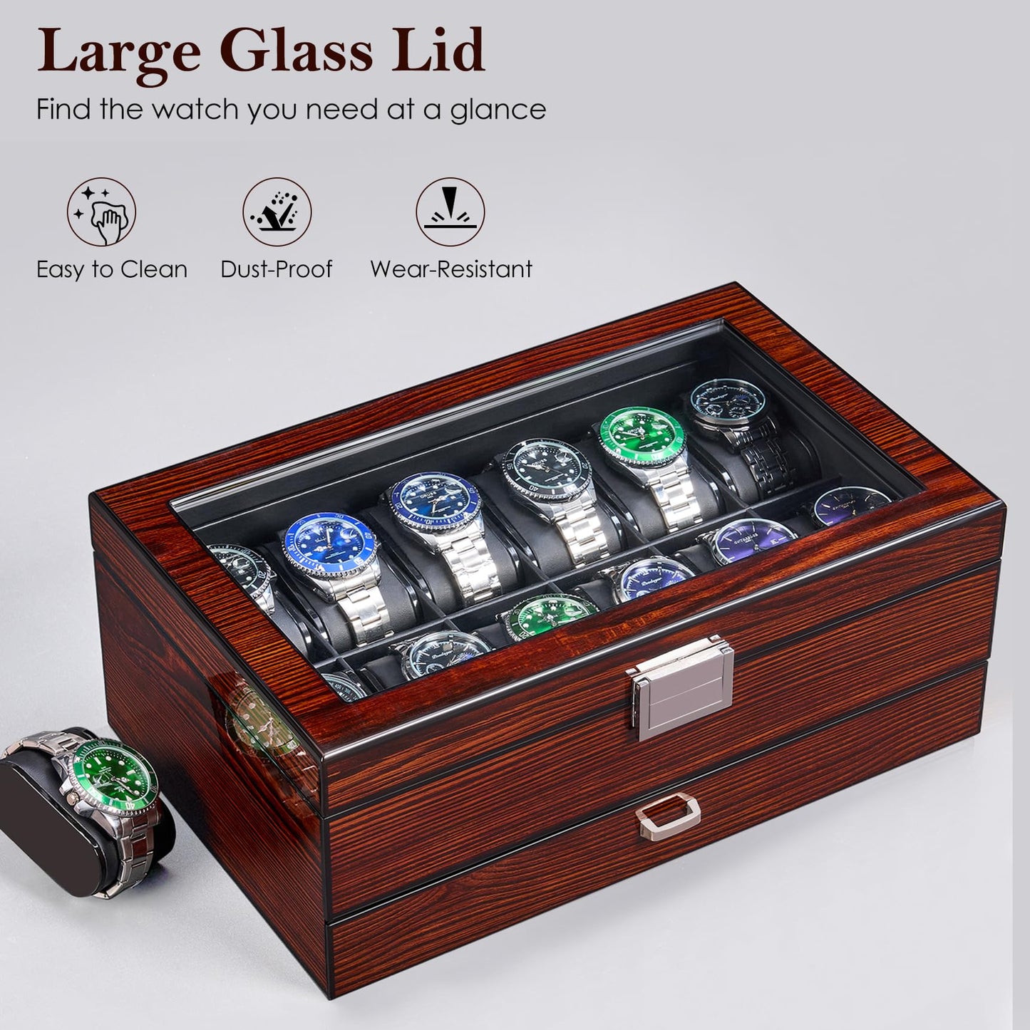 BEWISHOME 12 Watch Box with Tray Drawer, Luxury Men's Watch Case, Watch Storage with Genuine Glass Lid, Metal Hinge, Watch Storage Box, Watch Box, Brown, ESSH02Y