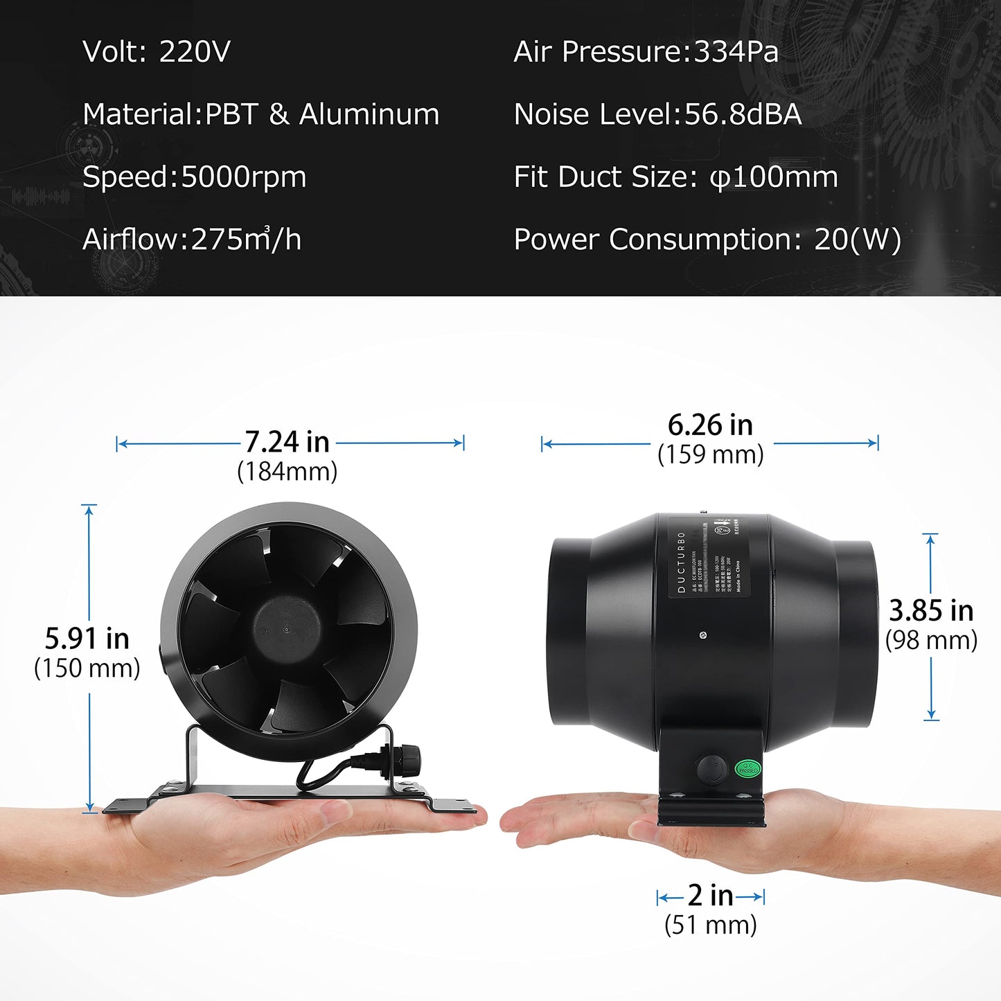 DUCTURBO duct fan 100mm adjustable, 275m³/h inline duct fan exhaust fan ideal tube fan for grow tents, ventilation, and exhaust fans, lightweight, matte black