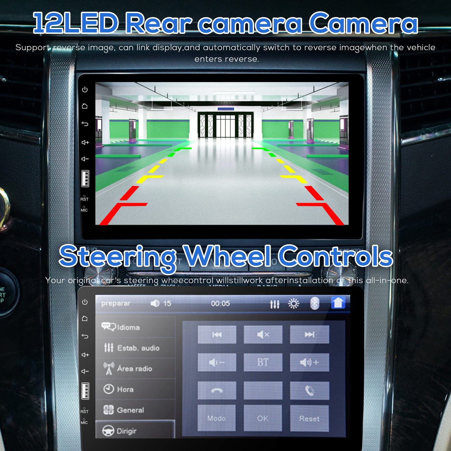 Car stereo 1 Din with Bluetooth hands-free calling IOS/Android Mirror Link 9 inch touchscreen, with Bluetooth FM Radio USB/AUX/TF/EQ/7 Colors Light Steering wheel control + Rearview camera Microphone