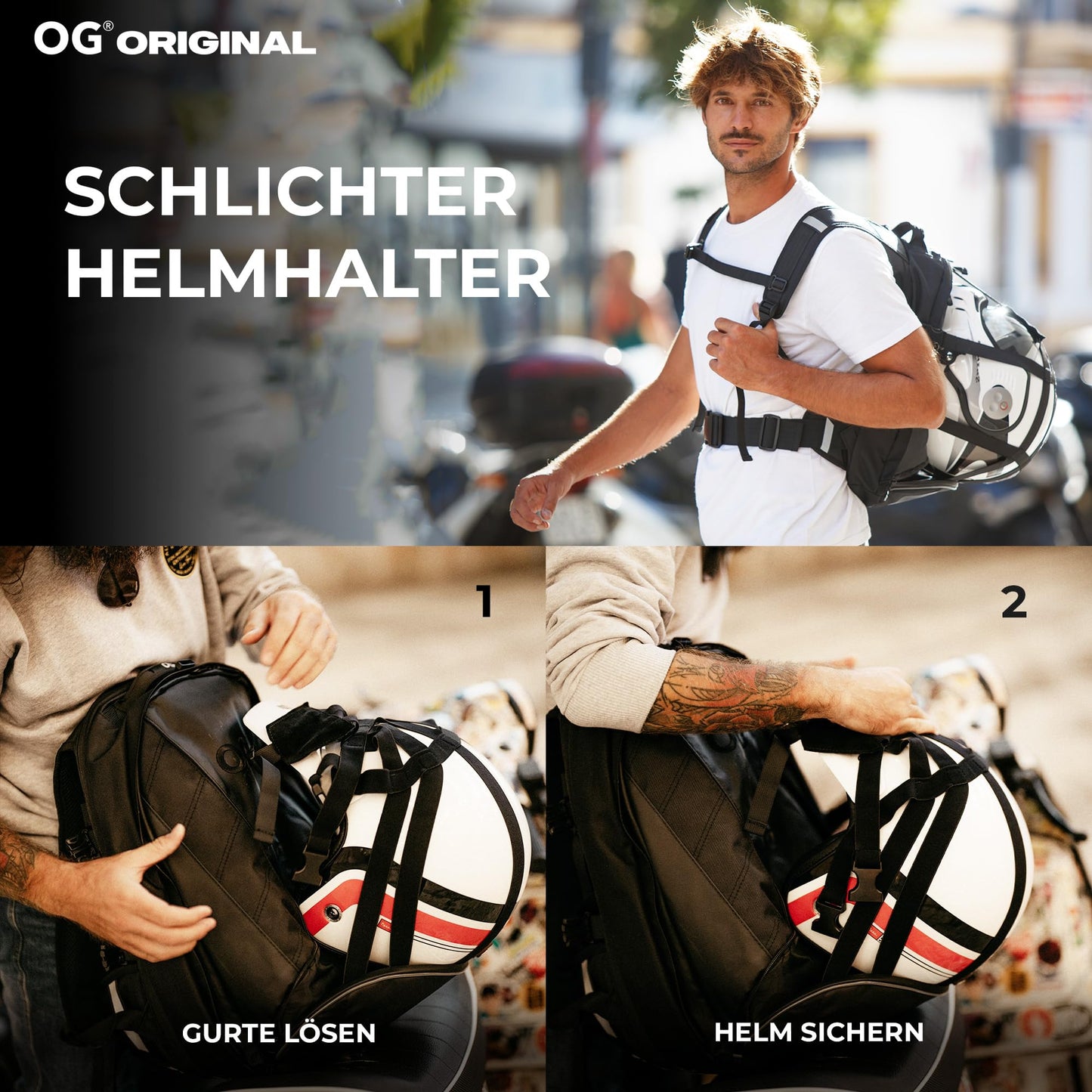 OG Original EZ-RiderPRO Motorcycle Backpack Black Expandable 28-35L, Motorcycle Helmet Bag, Helmet Carrying Strap, Waterproof, Laptop Compartment, Reflective, Black Logo