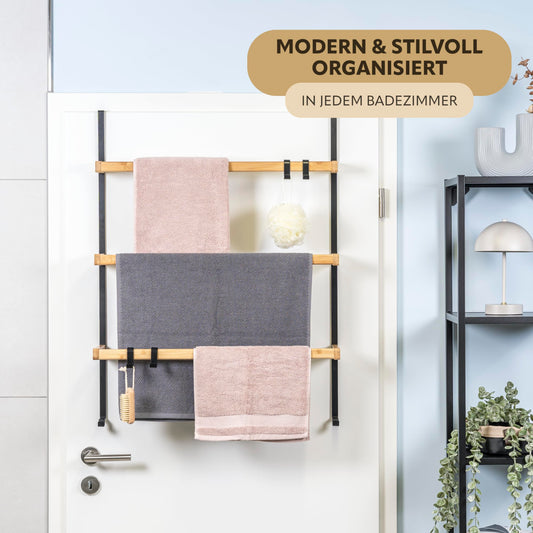 eluno Over-the-Door Hanging Shelf made of metal and bamboo, door towel holder with 3 towel bars, 4 handy hooks, for hanging without drilling (Black)