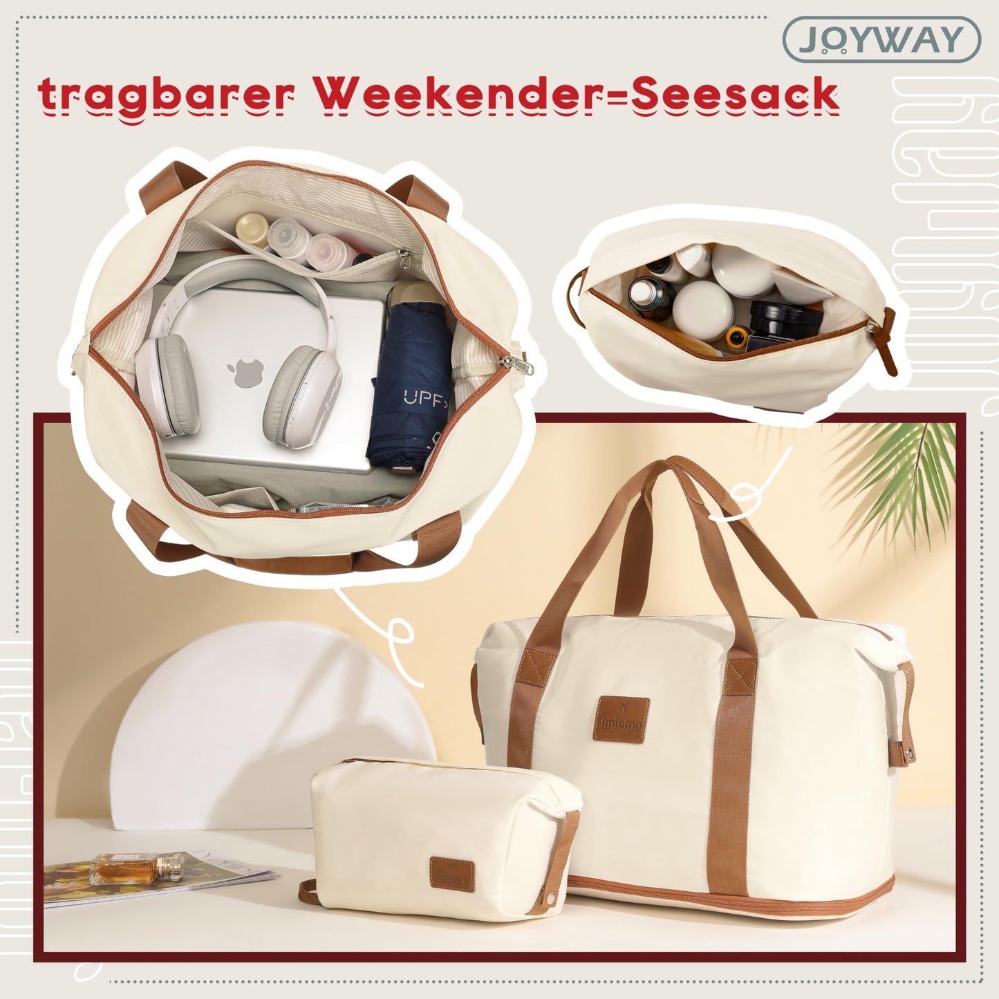 Joyway 5-piece luggage set made of ABS hard shell with expandable trolley, 4 wheels, and TSA lock. The luggage set includes 1 duffel bag and 1 toiletry bag. White color.