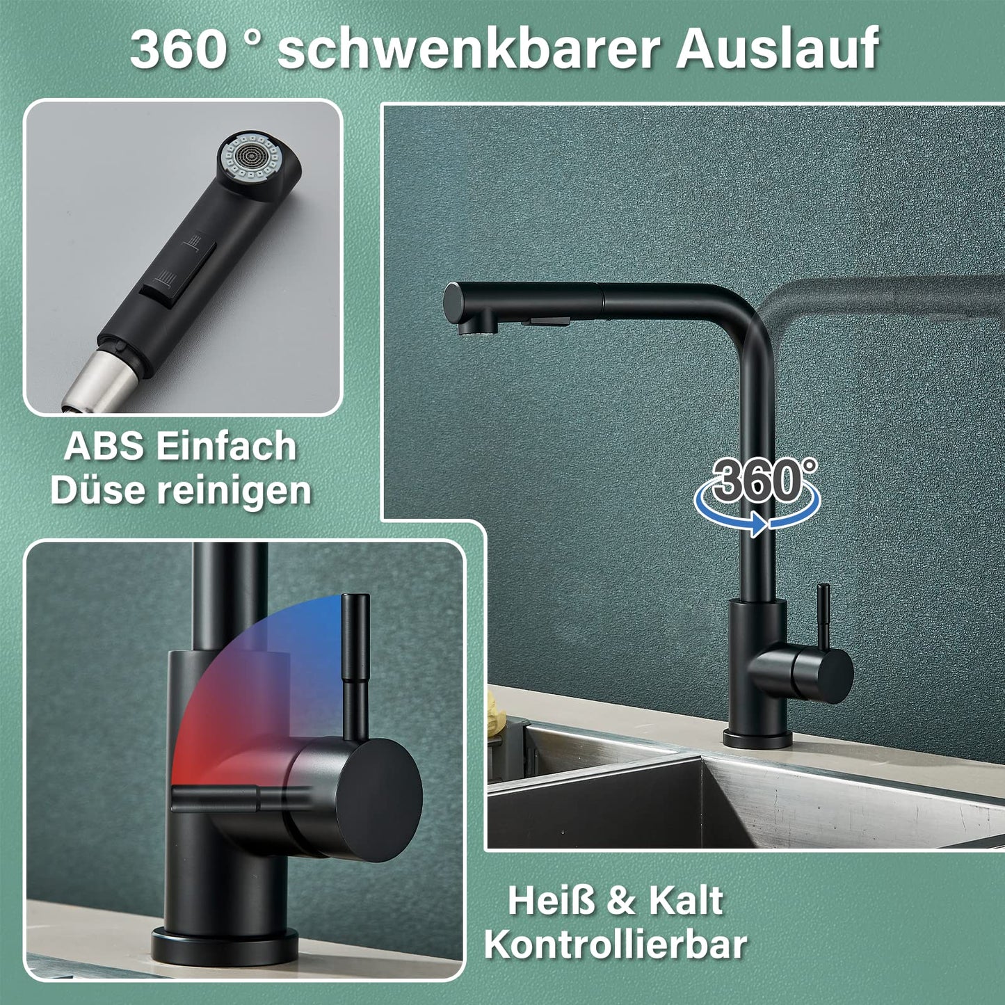 Kitchen faucet black with pull-out spray head High-pressure 360° swivel kitchen sink faucet stainless steel Two spray modes water tap.
