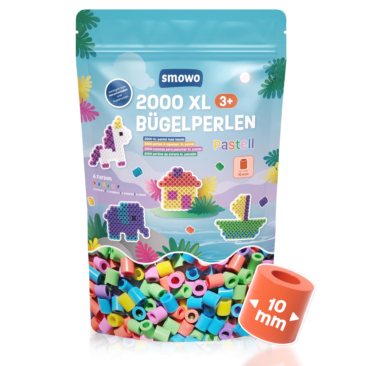 Smowo® Large 10mm Fuse Beads 2000 Pieces for Kids Ages 3 and Up - 6 Pastel Colors XL Beads - Creative Bead Set