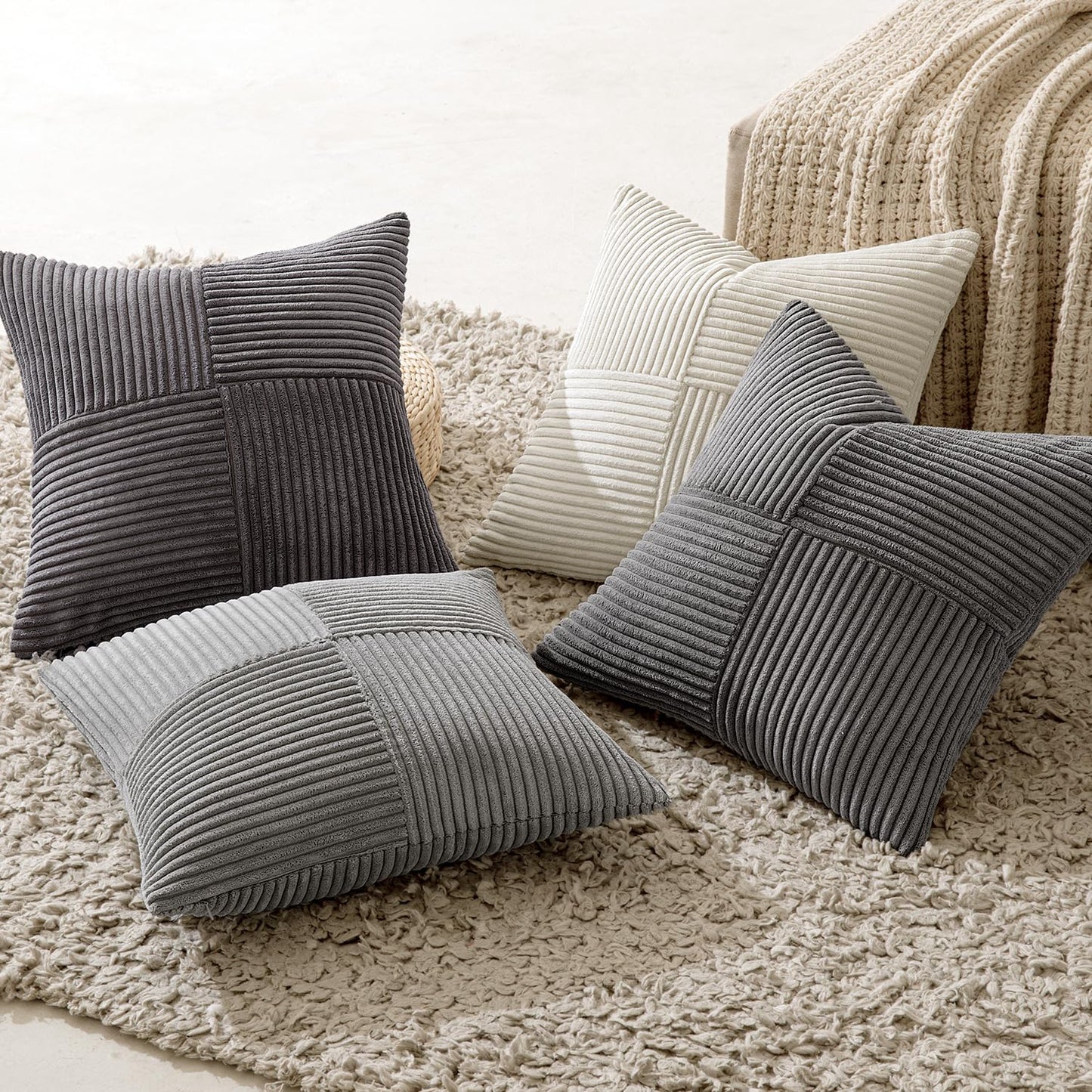 MIULEE 4-Pack Corduroy Pillow Cover Patchwork Cushion Case Soft Decorative Modern Invisible Zipper Throw Pillow Covers for Sofa Living Room Bedroom Grey Series 45x45 cm