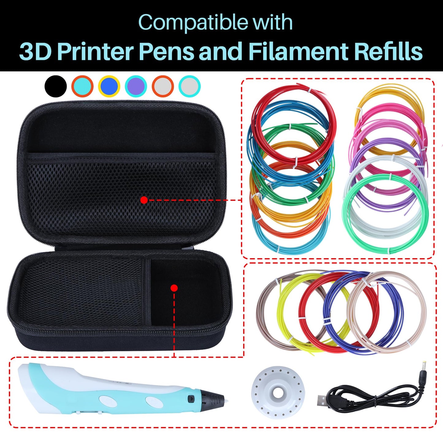 Lebakort hard protective case for SCRIB3D P1 3D printing pen / MYNT3D Super 3D pen / 3Doodler Start 3D printing pen.