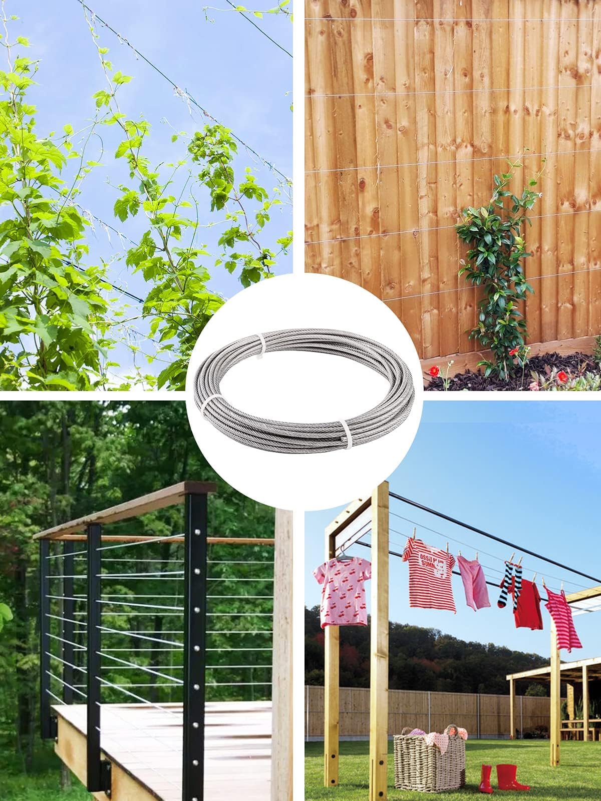TooTaci 3mm Wire Rope Set for indoor use - 50M PVC coated stainless steel cable with M3 rope end sleeves & carbon steel wire rope clamps - Perfect for hanging, curtain wire, and indoor lighting.