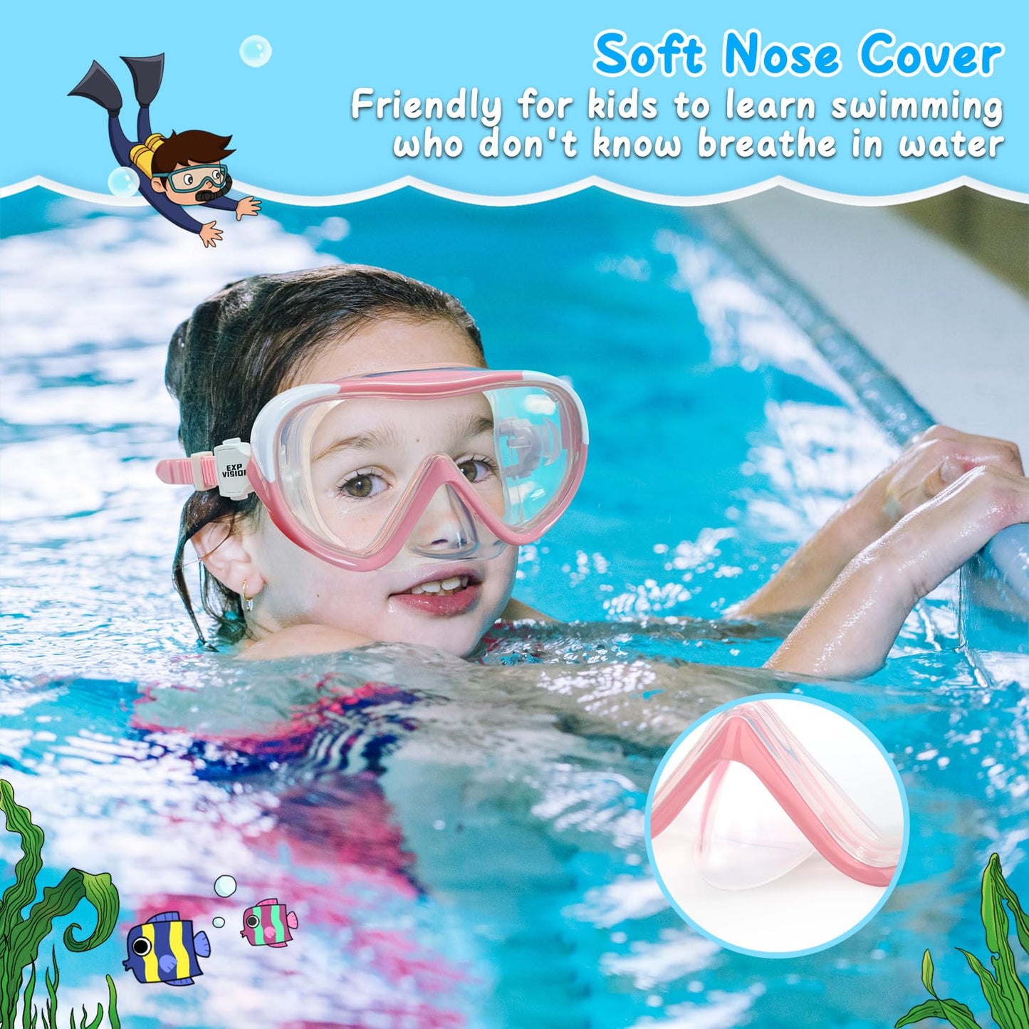 Kids Snorkel Mask, Kids Swim Mask 180° Anti-Fog Diving Mask, Kids Swimming Goggles with Nose Cover Leakproof Swim Goggle Anti-Shattered Lens for Teens 4-15 (Pale Pink)