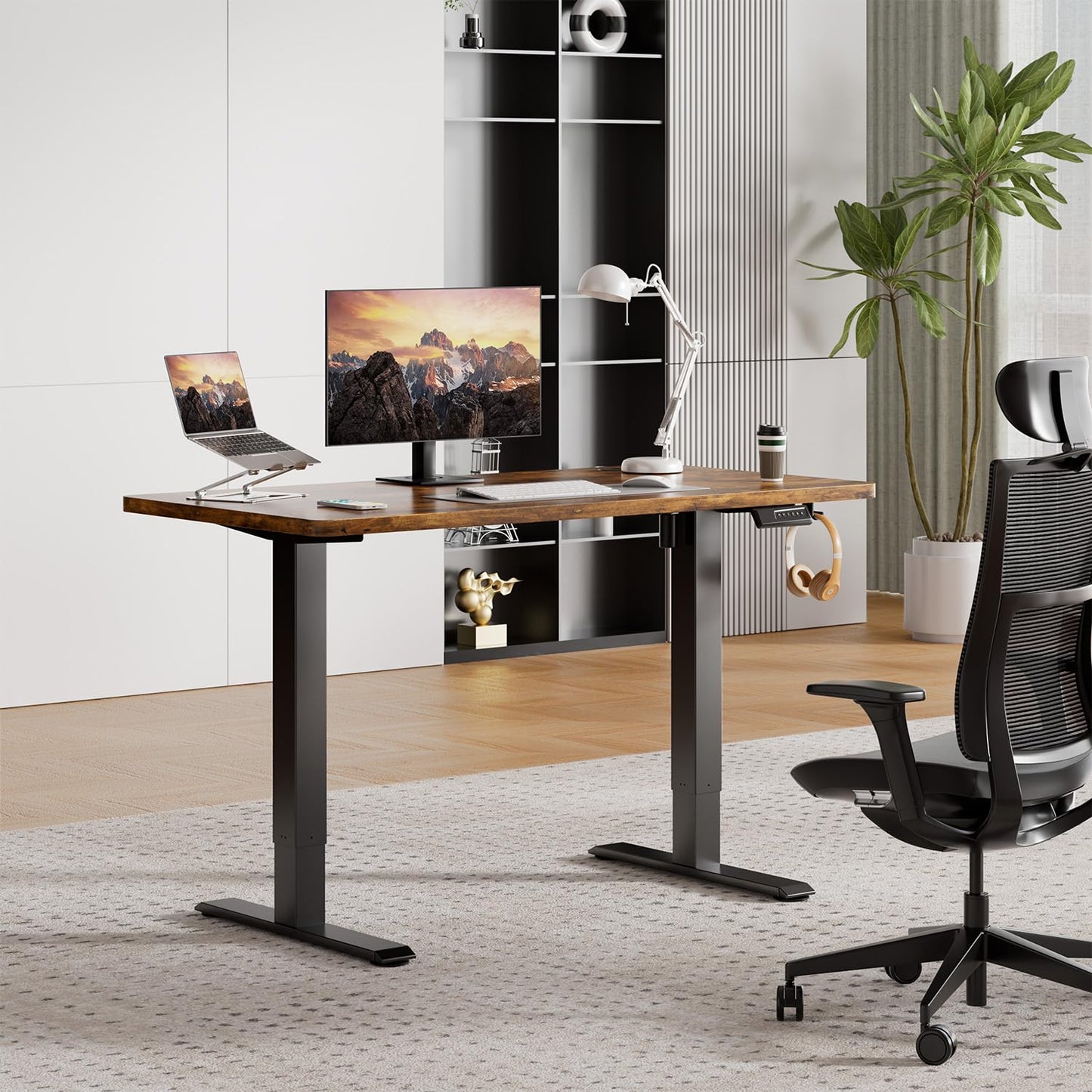 JUMMICO Adjustable Standing Desk COMPLETE TABLETOP Electric Height Adjustable Desk with Memory Function Standing-Sitting Table Computer Desk 120 x 60 cm Brown