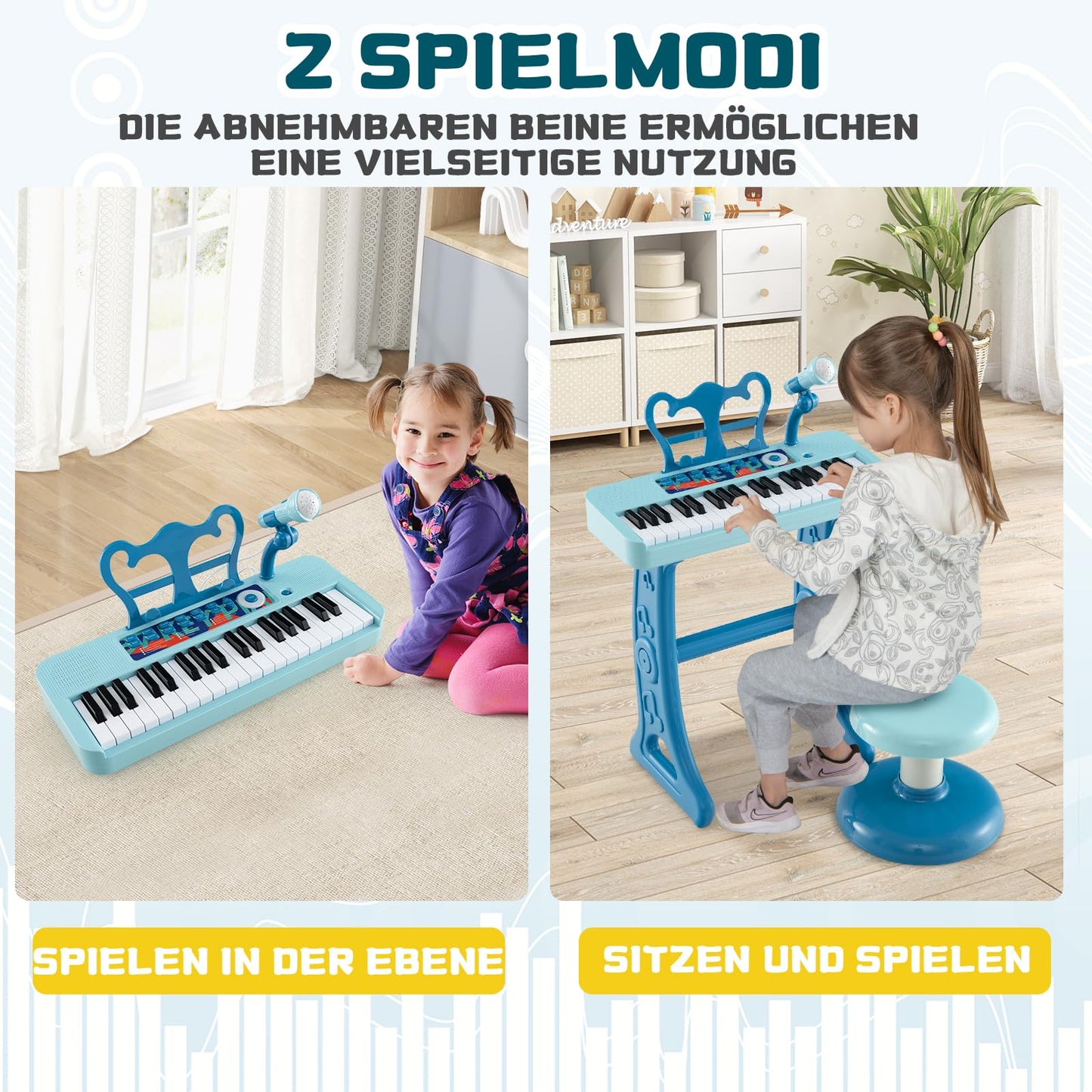 DREAMADE Kids Keyboard, 37 Keys Electronic Piano with Music Stand & Microphone & Stool, Piano Toy for Children aged 3+, Supports up to 50kg (Blue)
