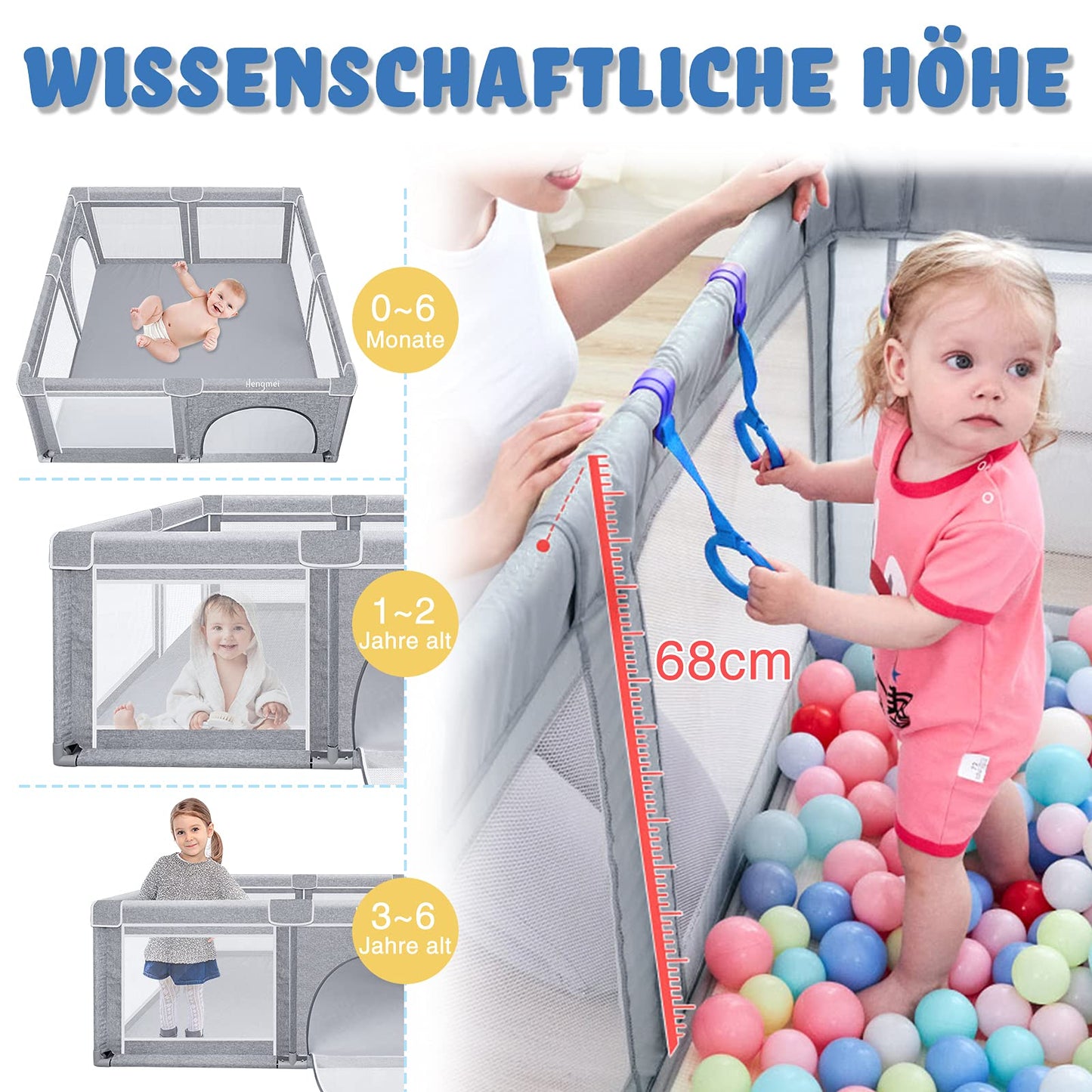 NAIZY Baby Playpen XXL Playard Gray Safety Gate with Non-Slip Base and Breathable Mesh for Children Indoors and Outdoors (200 * 180 * 68cm)