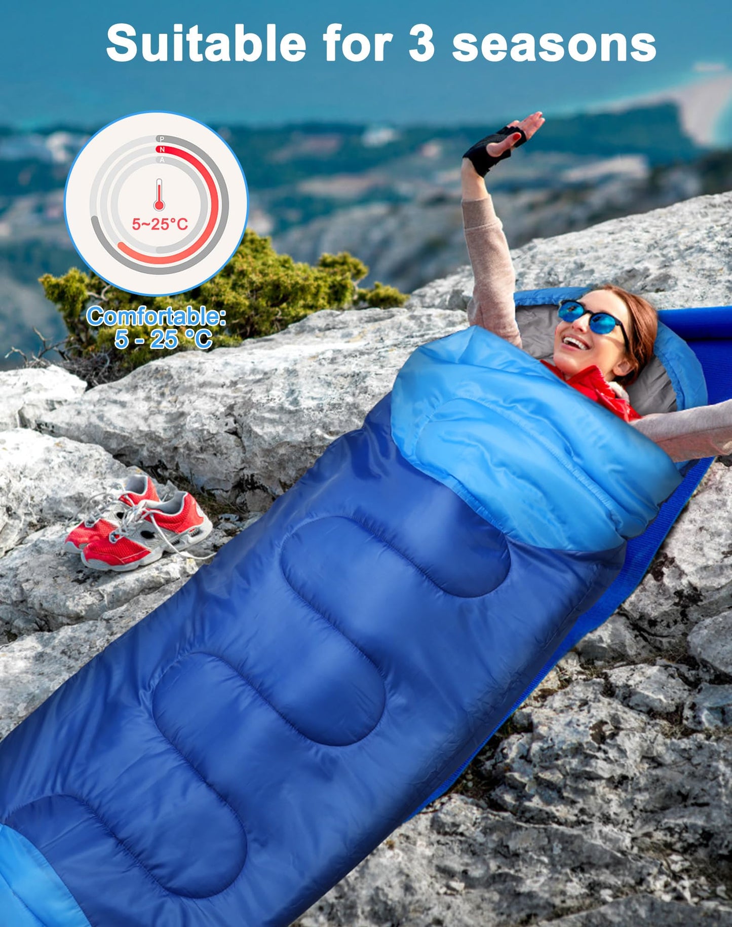 Outdoor camping 4-season sleeping bag for adults. 2-in-1 function as a blanket. Warm, lightweight, waterproof for backpacking, hiking, and travel. 220 x 80 cm.